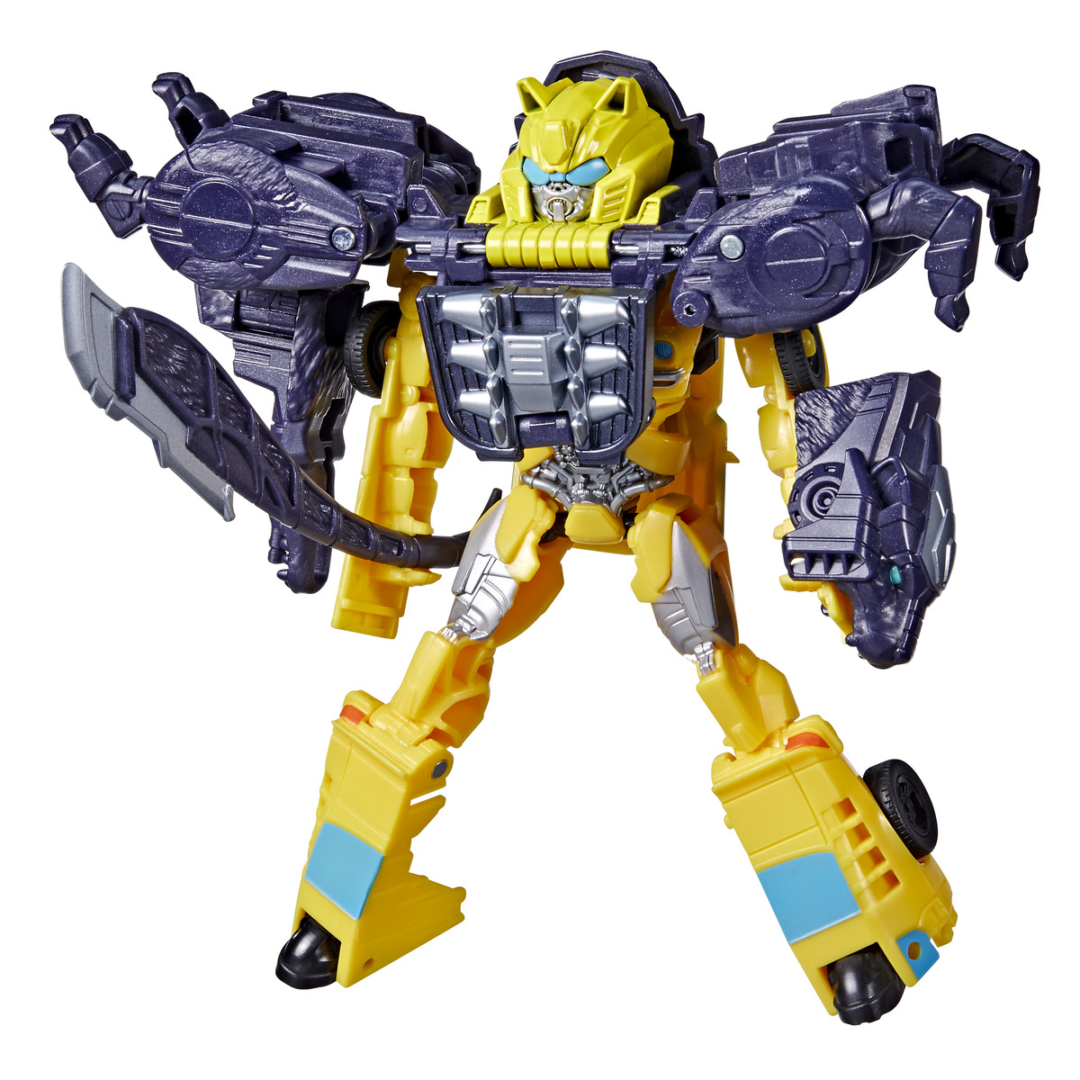Żółto-fioletowa zabawka Transformers w pozycji stojącej. Ma głowę lwa i dzierży miecz. Tło jest białe.
