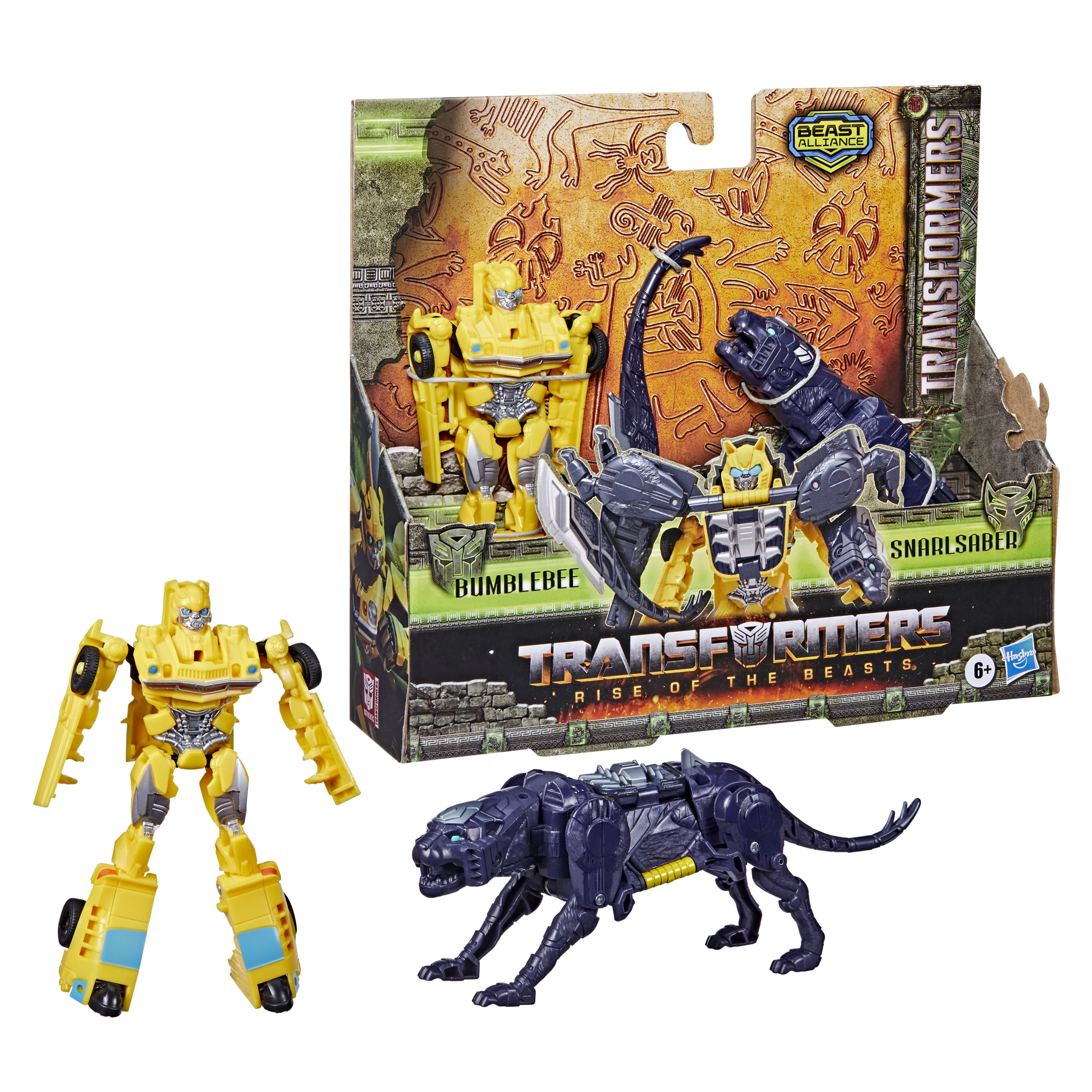 Pokazano trzy zabawki Transformers: Bumblebee, Snarlsaber i panterę. Widoczne jest opakowanie.