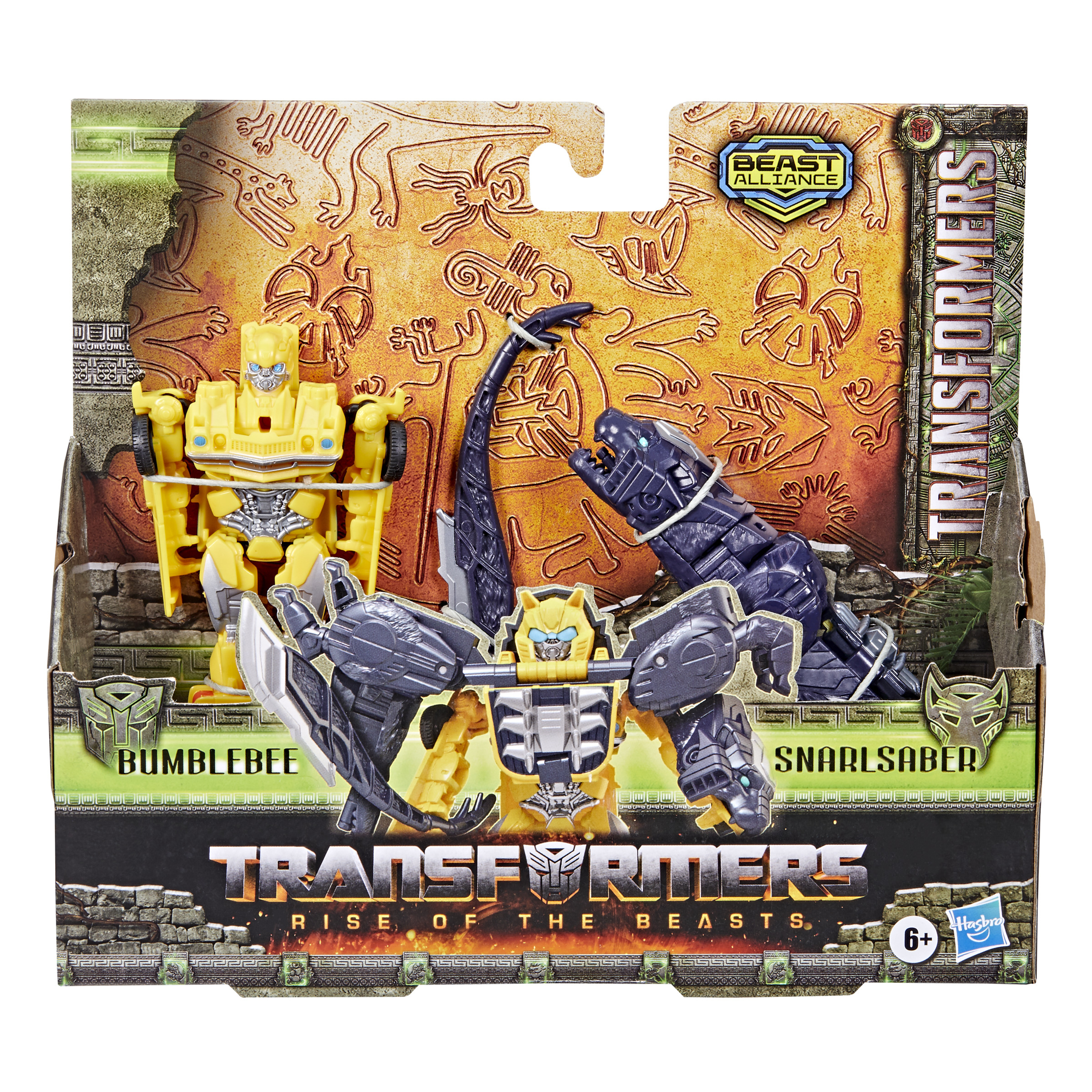 Opakowanie z zabawkami Transformers. Prezentuje żółte figurki Bumblebee i Snarlsaber na tle z hieroglifami.