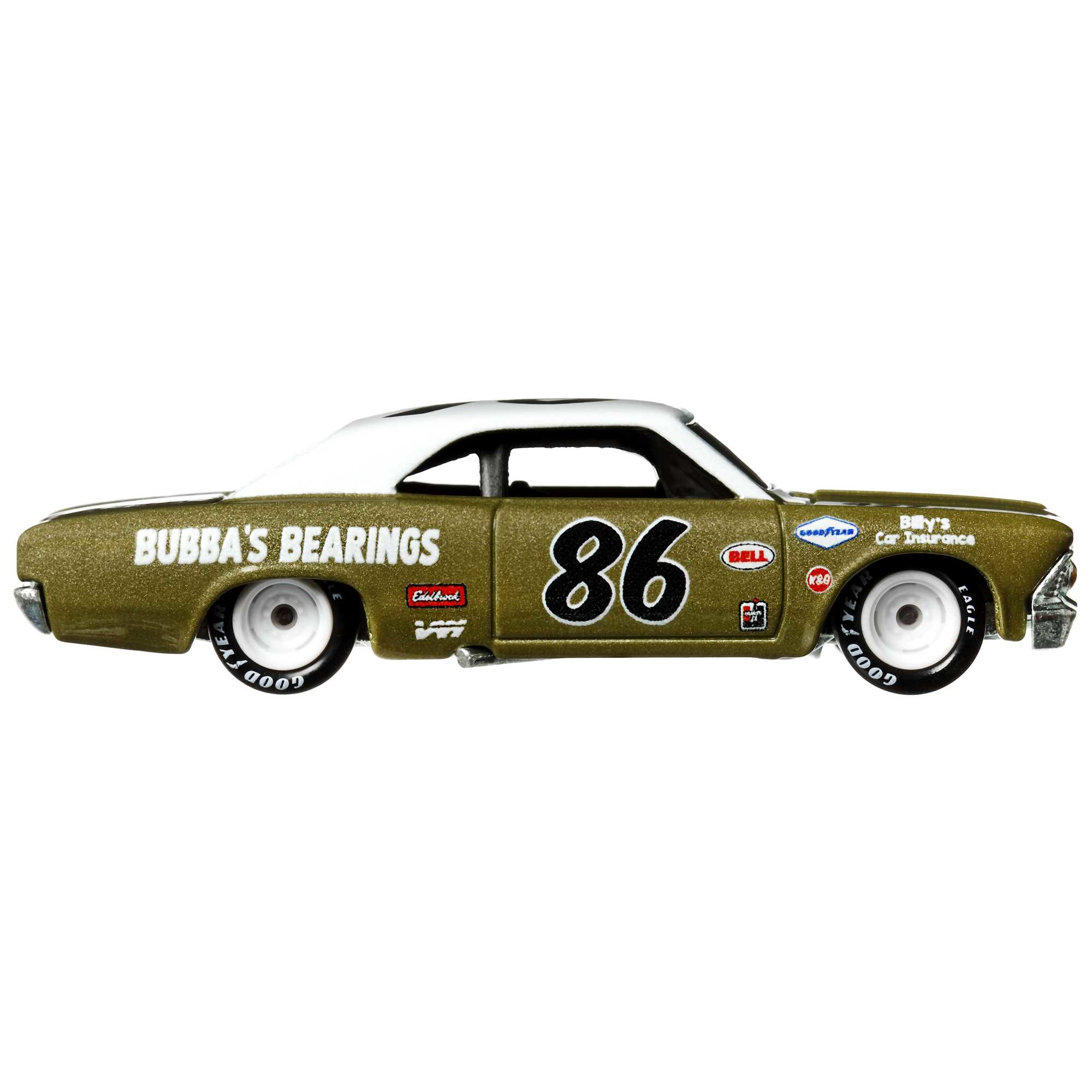 Złoty samochód wyścigowy z białym dachem, numerem 86 i logo sponsorów. Ma opony Goodyear i białe felgi.