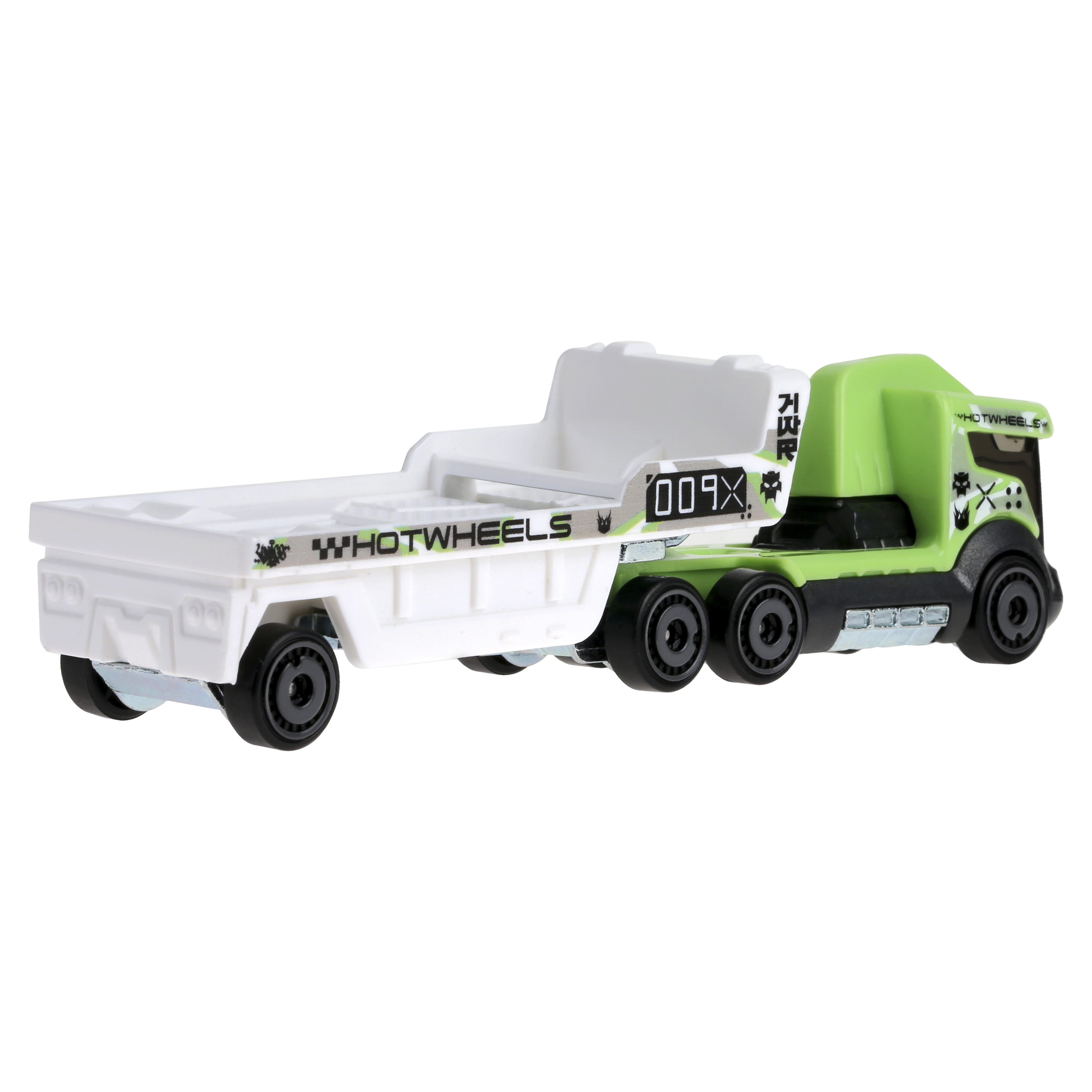 Biało-zielona zabawka ciężarówki Hot Wheels. Ma platformę i kabinę z czarnymi kołami.
