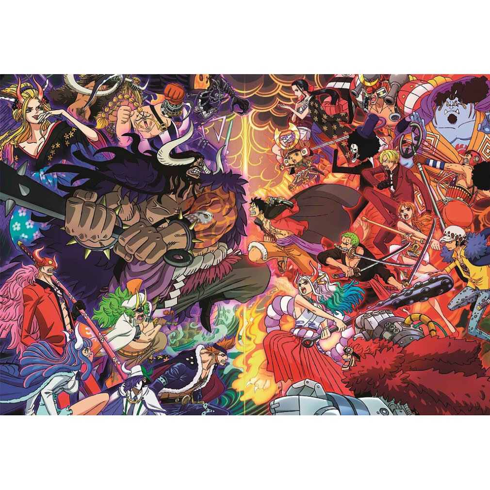 Anime gevechtsscène. Kaido staat tegenover veel personages, waaronder Luffy, Zoro en anderen. Levendige kleuren en dynamische poses domineren.