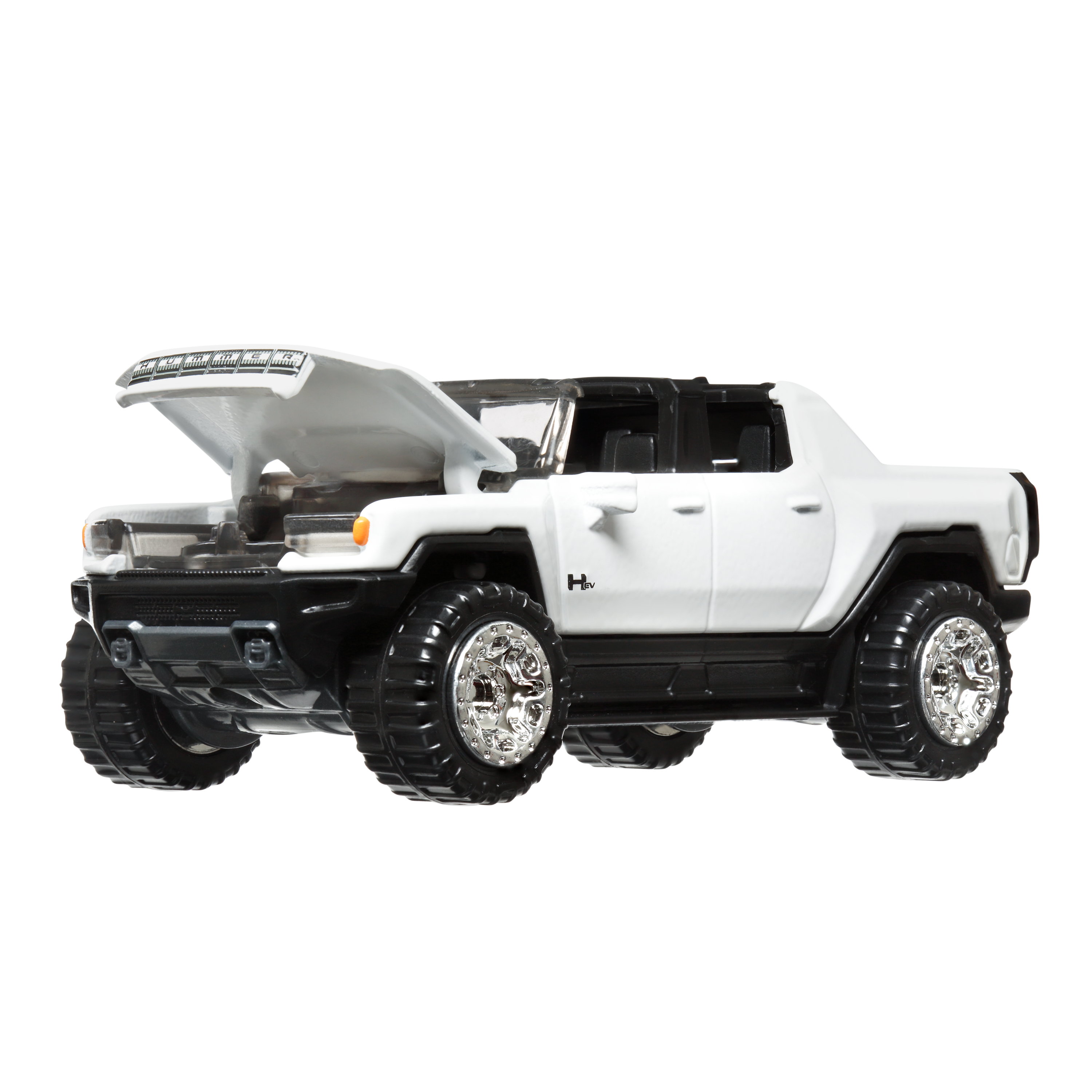 Biała zabawka Hummer EV z otwartą maską. Czarne opony i felgi. Tło jest białe.