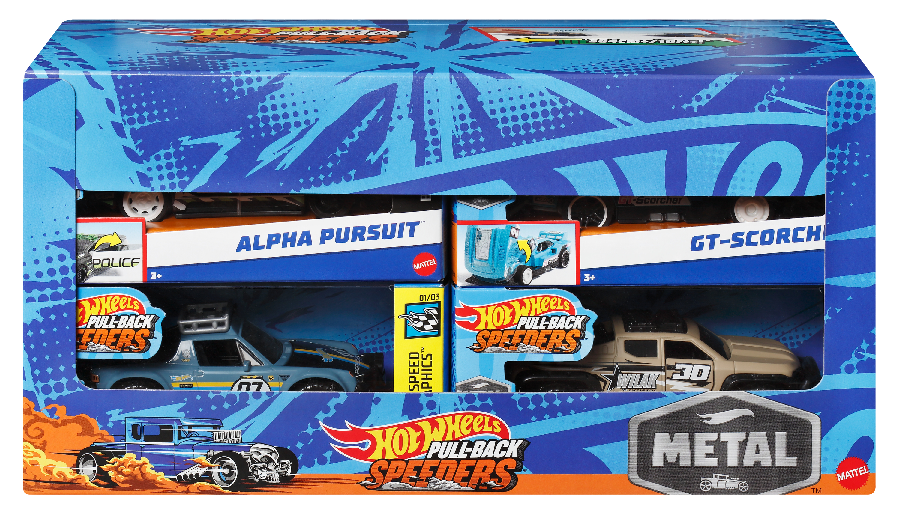 Zestaw pudełek Hot Wheels Pull-Back Speeders. Zawiera cztery zabawki w osobnych pudełkach, z niebieską i pomarańczową grafiką.