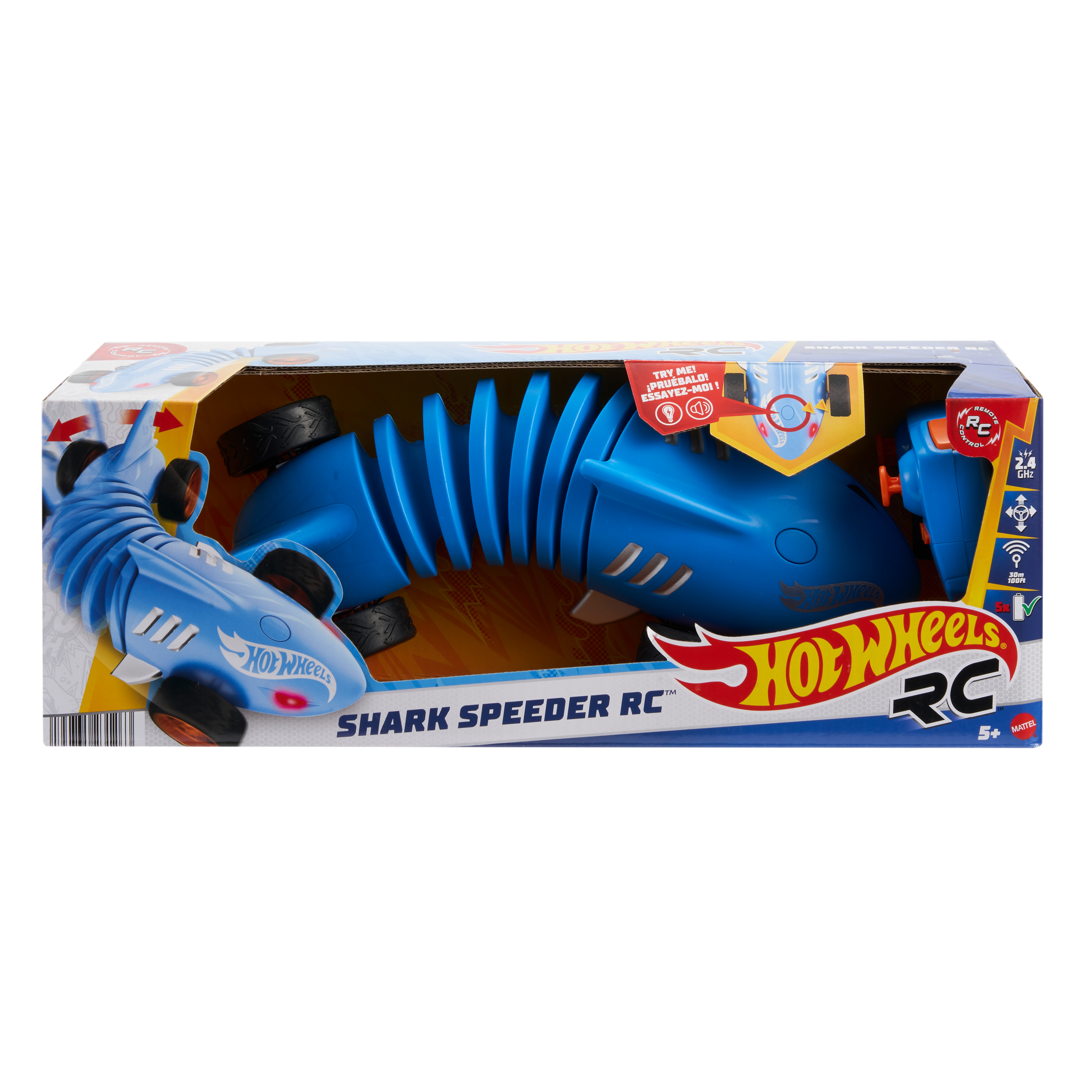 Zabawka Hot Wheels Shark Speeder RC w pudełku. Samochód jest niebieski, w kształcie rekina.