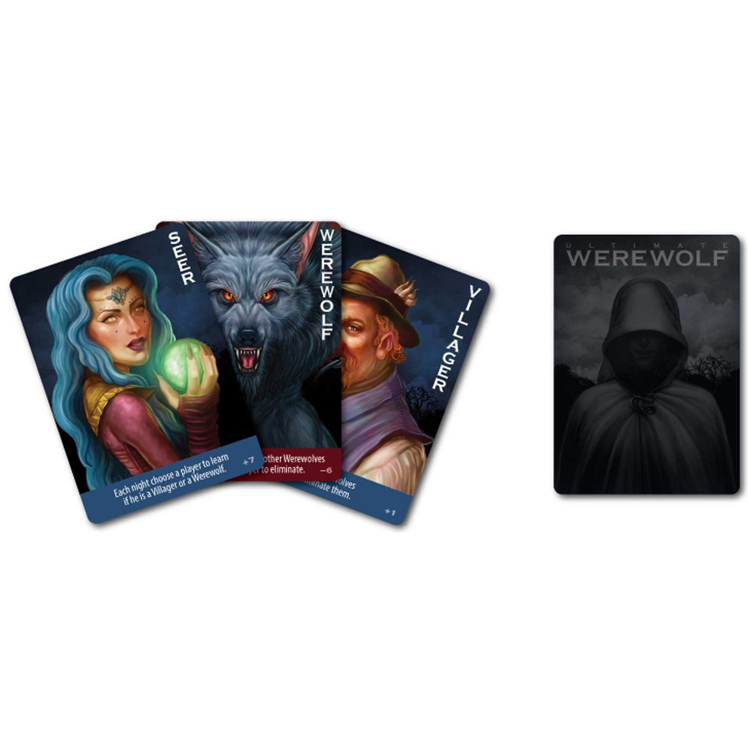 Karten aus dem Spiel Ultimate Werewolf. Charaktere sind Seher, Werwolf und Dorfbewohner. Eine Karte mit einer vermummten Figur ist ebenfalls vorhanden.
