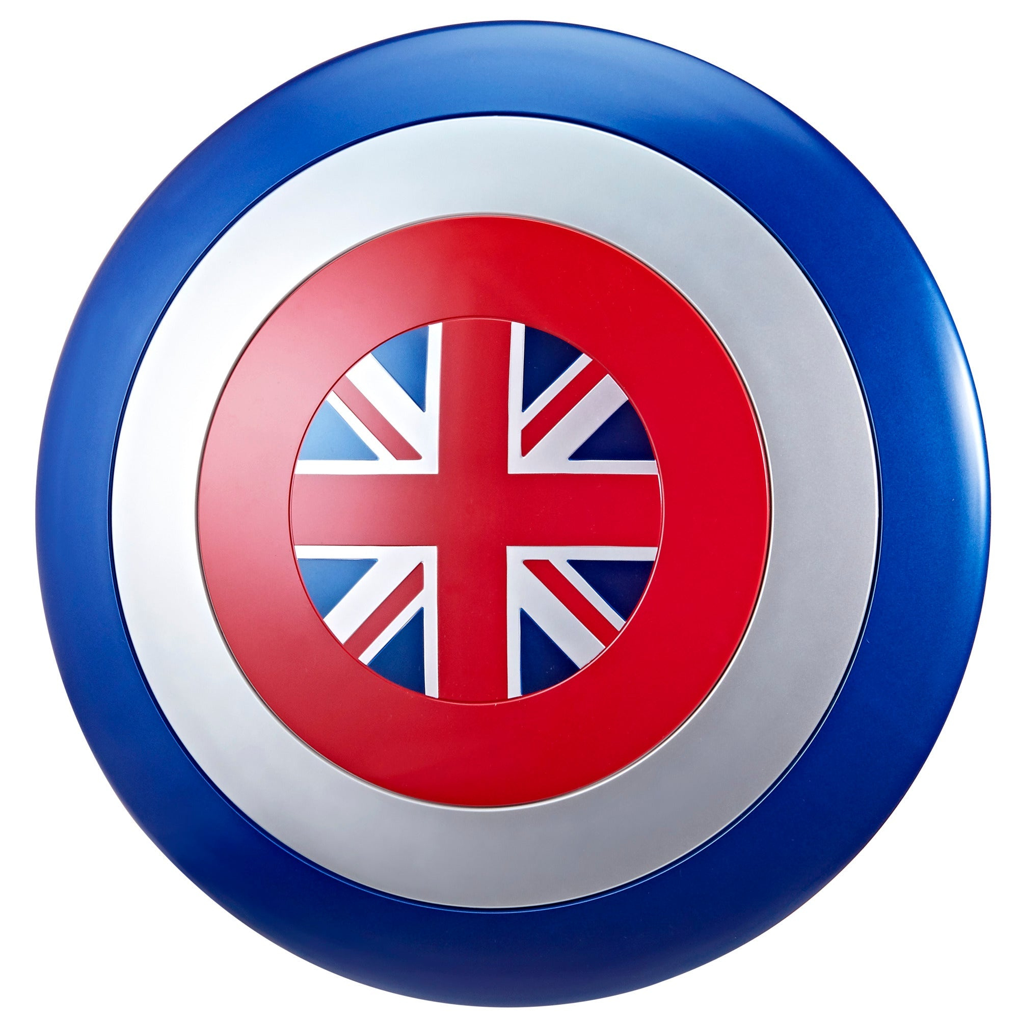Un escudo redondo con un diseño concéntrico azul, plateado y rojo, centrado con un círculo rojo con una Union Jack.