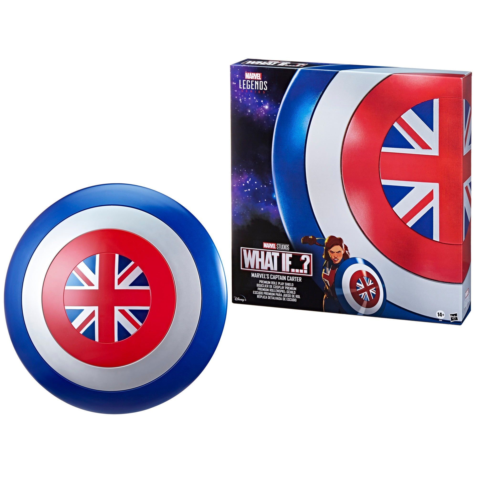 Un escudo de Capitana Carter y su caja. El escudo es azul, blanco y rojo con una bandera británica. La caja muestra el escudo.