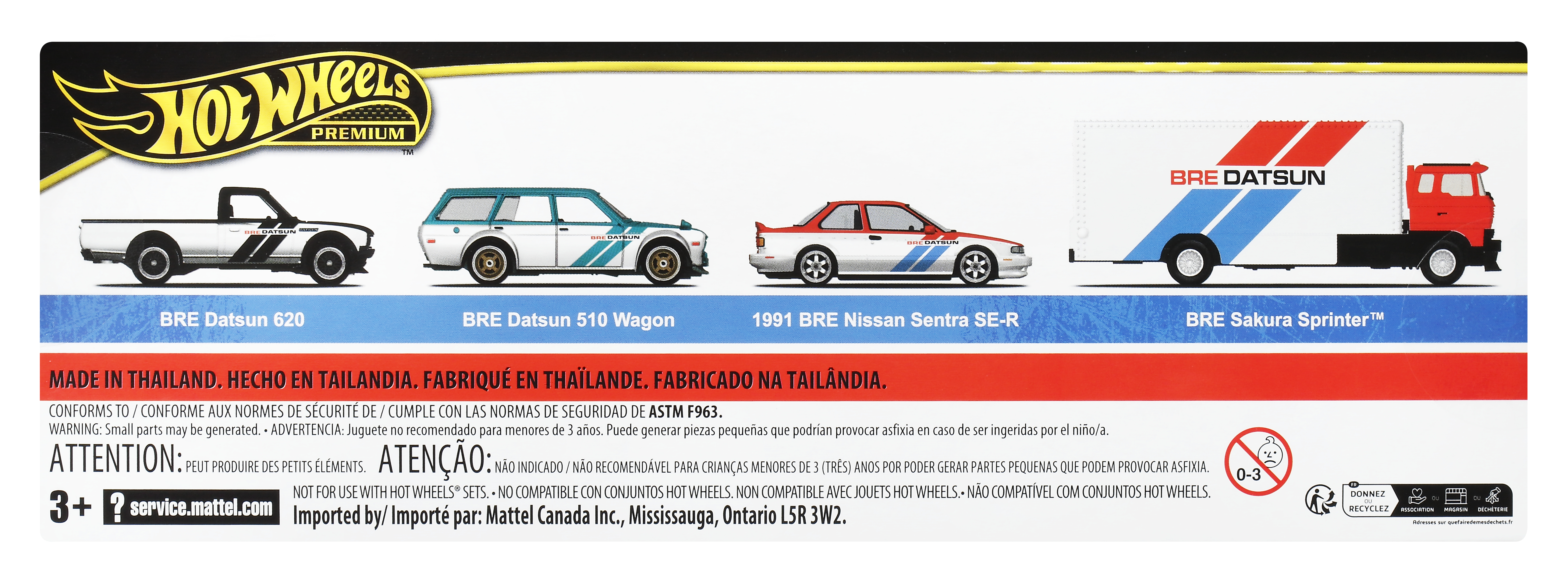 La imagen muestra cuatro coches de juguete: una camioneta, una familiar, un sedán y un camión. El texto incluye "Hot Wheels Premium".