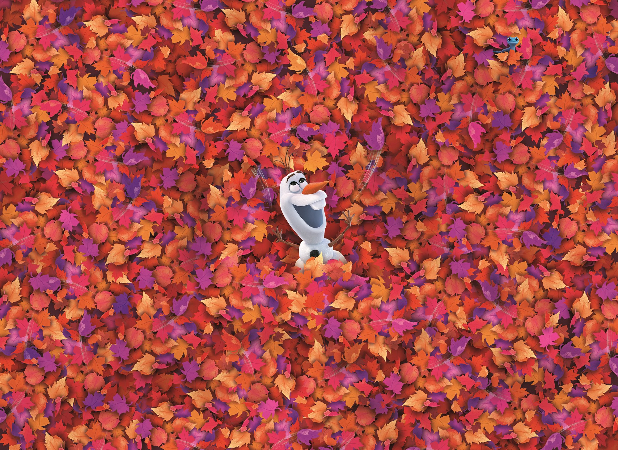 Olaf, der Schneemann, in einem Haufen bunter Herbstblätter. Ein kleiner blauer Vogel ist sichtbar. Blätter sind rot, orange und lila.