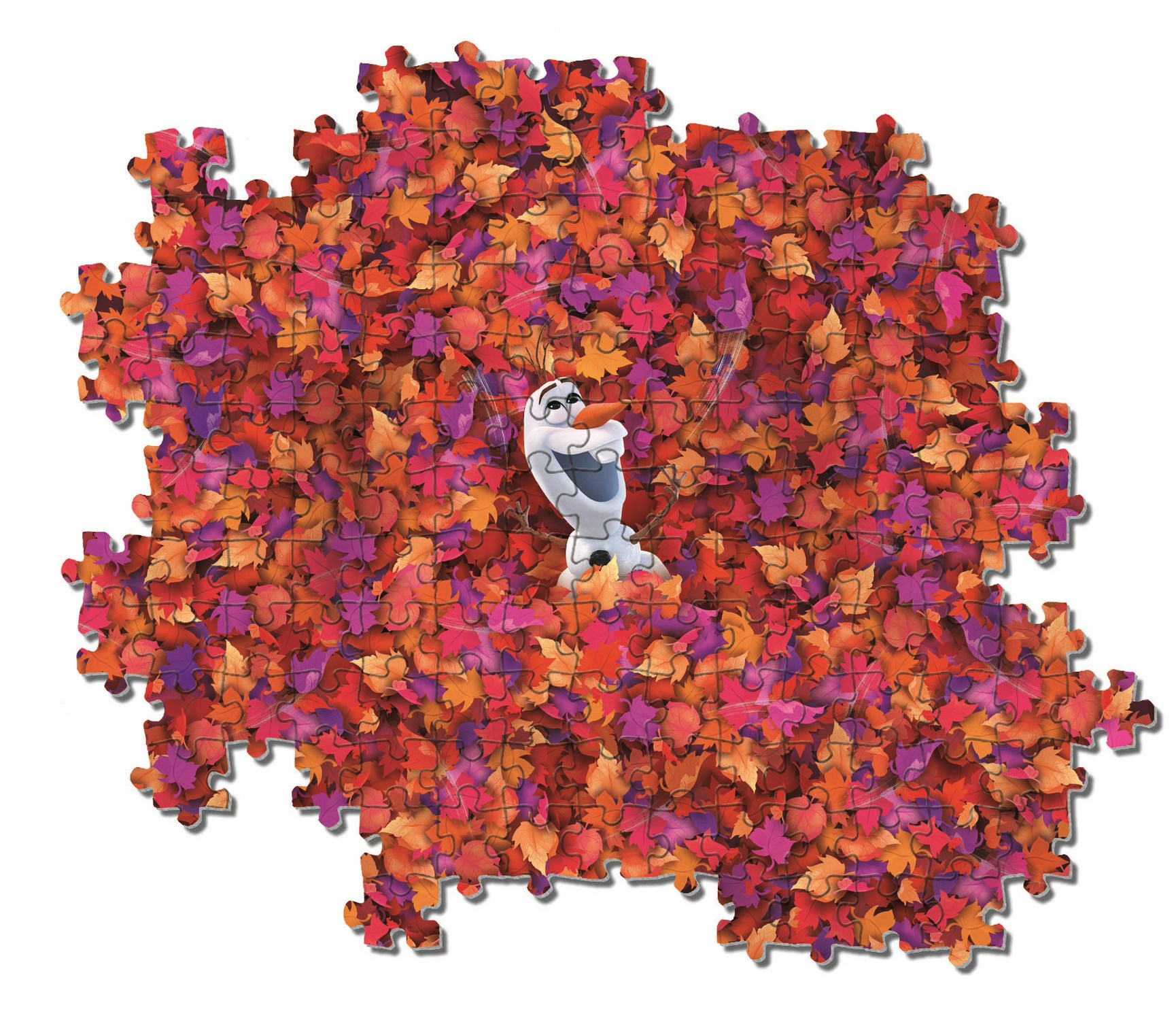 Puzzle von Olaf in einem Haufen Herbstblättern. Blätter sind orange, rot und lila. Olaf ist weiß mit einer Karottennase.