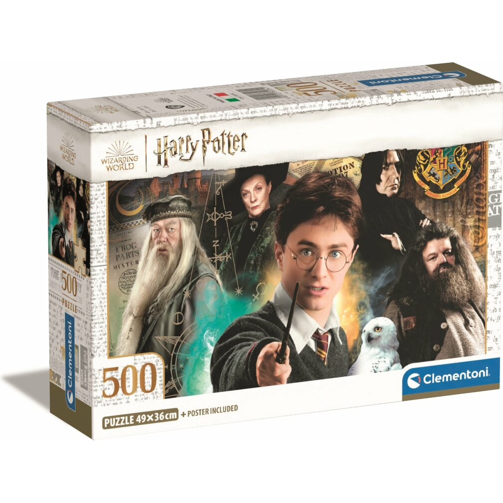 Boîte de puzzle Harry Potter avec des personnages comme Harry, Dumbledore et Hagrid. Inclut 500 pièces et une affiche.