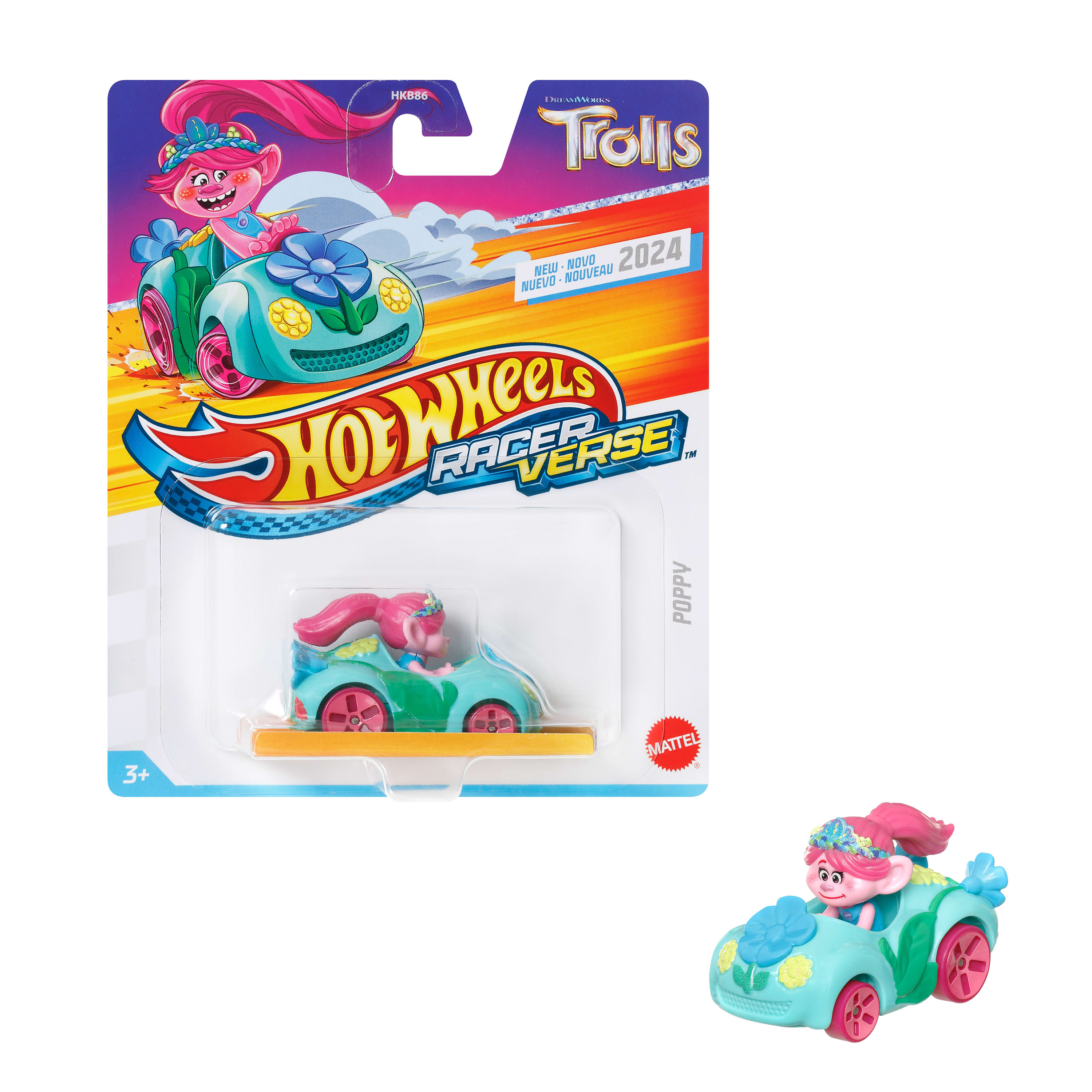 Samochód Hot Wheels z Poppy z Trolls, w turkusowym samochodzie z różowymi kołami, na blistrze.