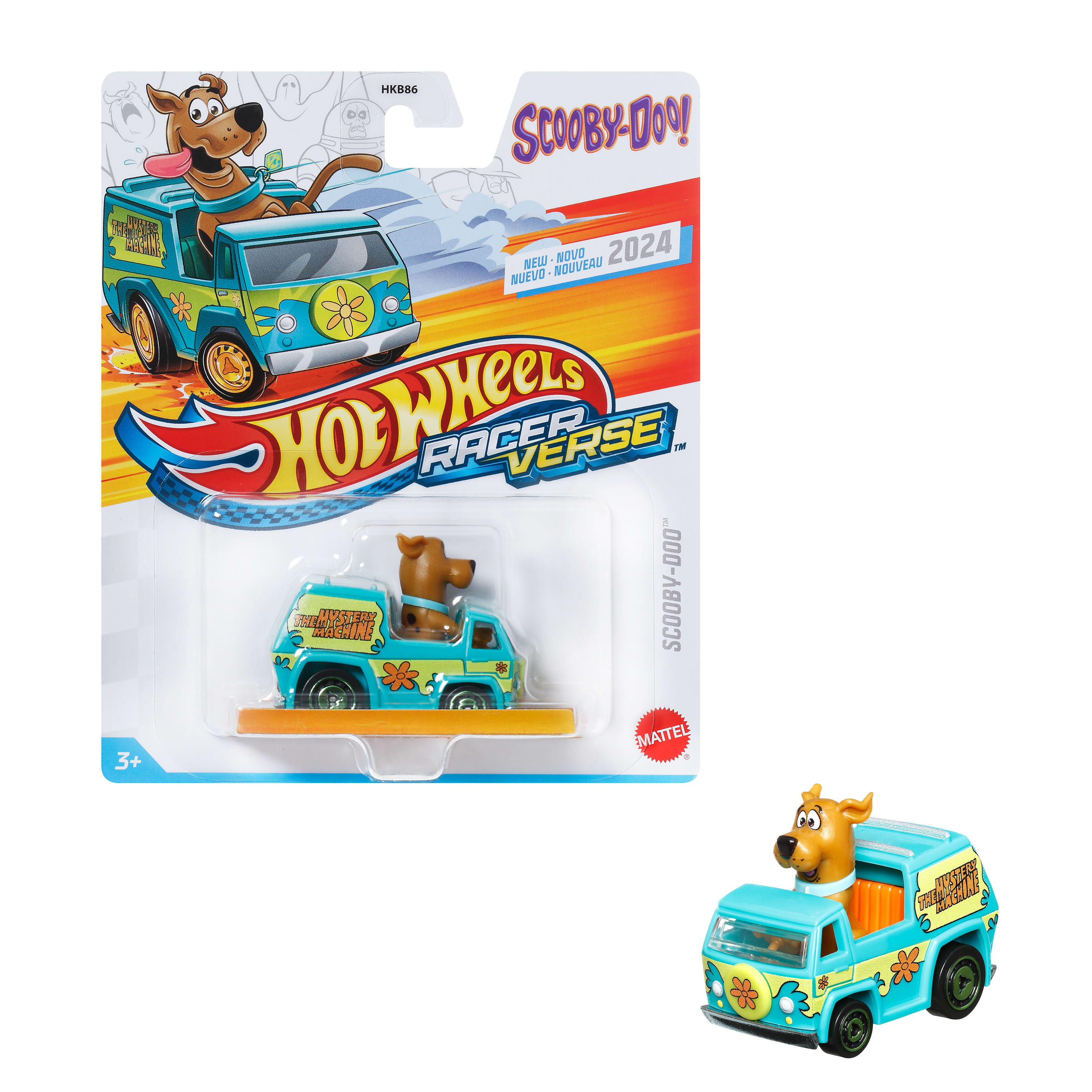 Samochód Hot Wheels Mystery Machine Scooby-Doo w opakowaniu. Scooby-Doo siedzi za kierownicą. Opakowanie ma grafikę.