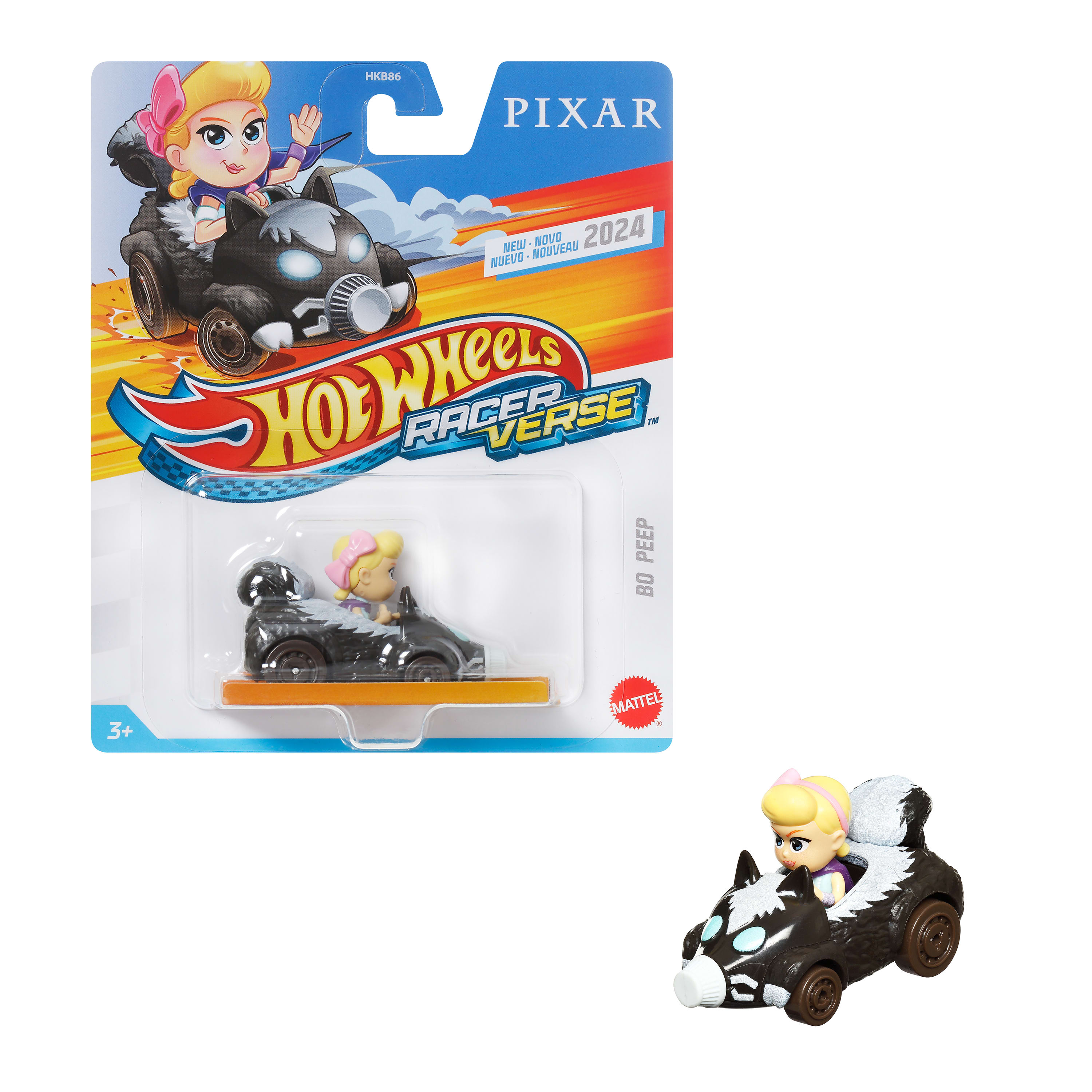Zabawkowe auto Bo Peep od Hot Wheels. Samochód jest czarno-biały, a Bo Peep go prowadzi. Opakowanie mówi Pixar i 2024.