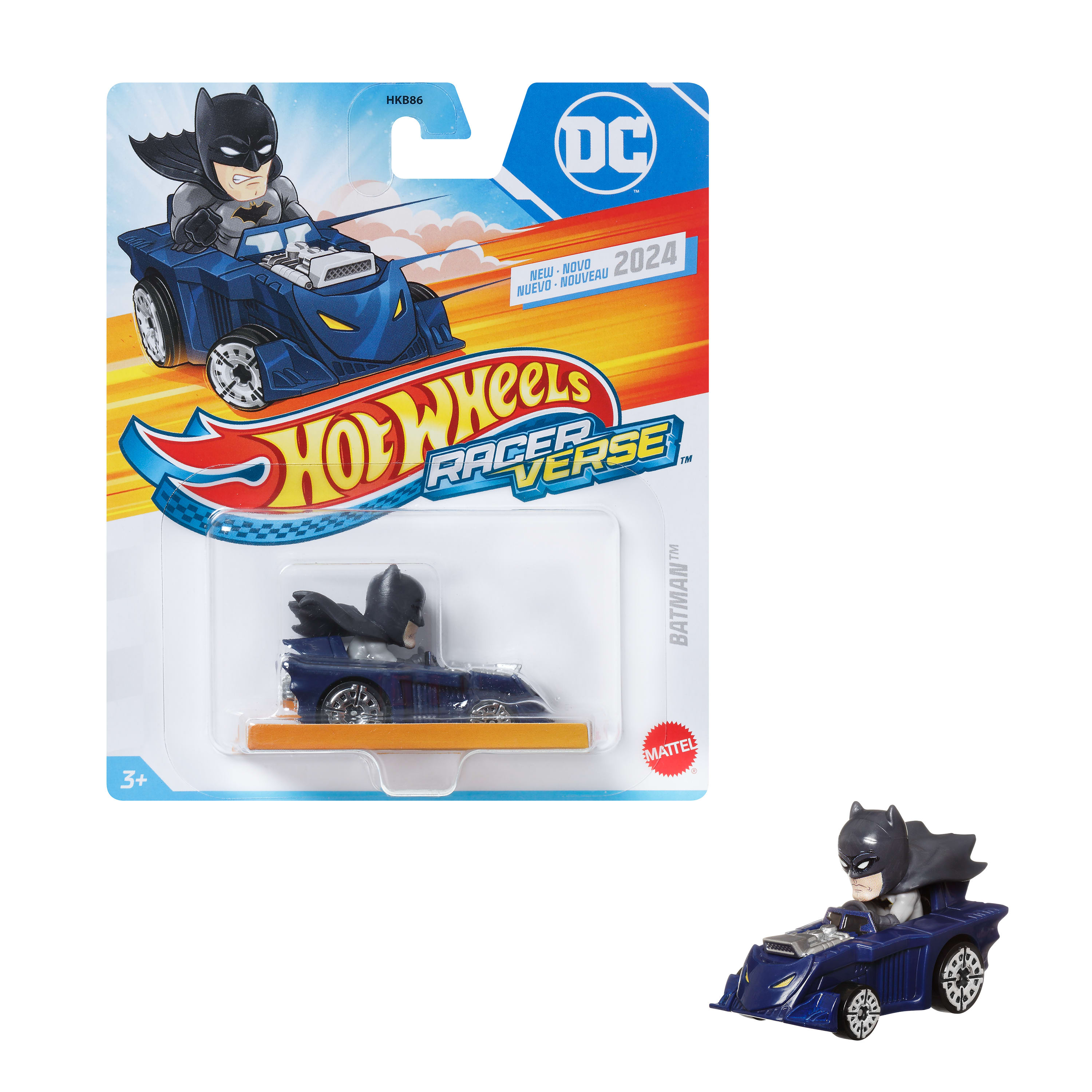 Zabawkowe auto Batman Hot Wheels w opakowaniu. Samochód jest niebieski z figurką Batmana. Opakowanie zawiera Batmana i logo DC.