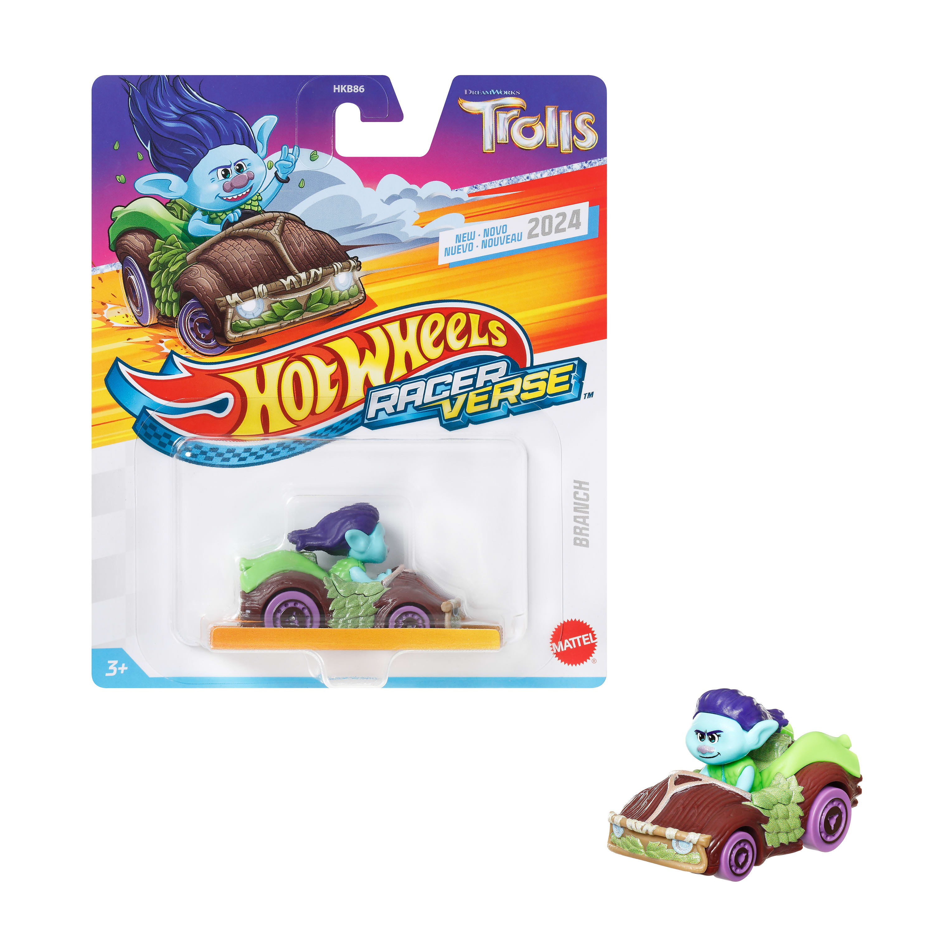 Zabawka samochodowa Hot Wheels z postacią Branch Troll w samochodzie o tematyce drewnianej, zapakowana na kolorowej karcie.