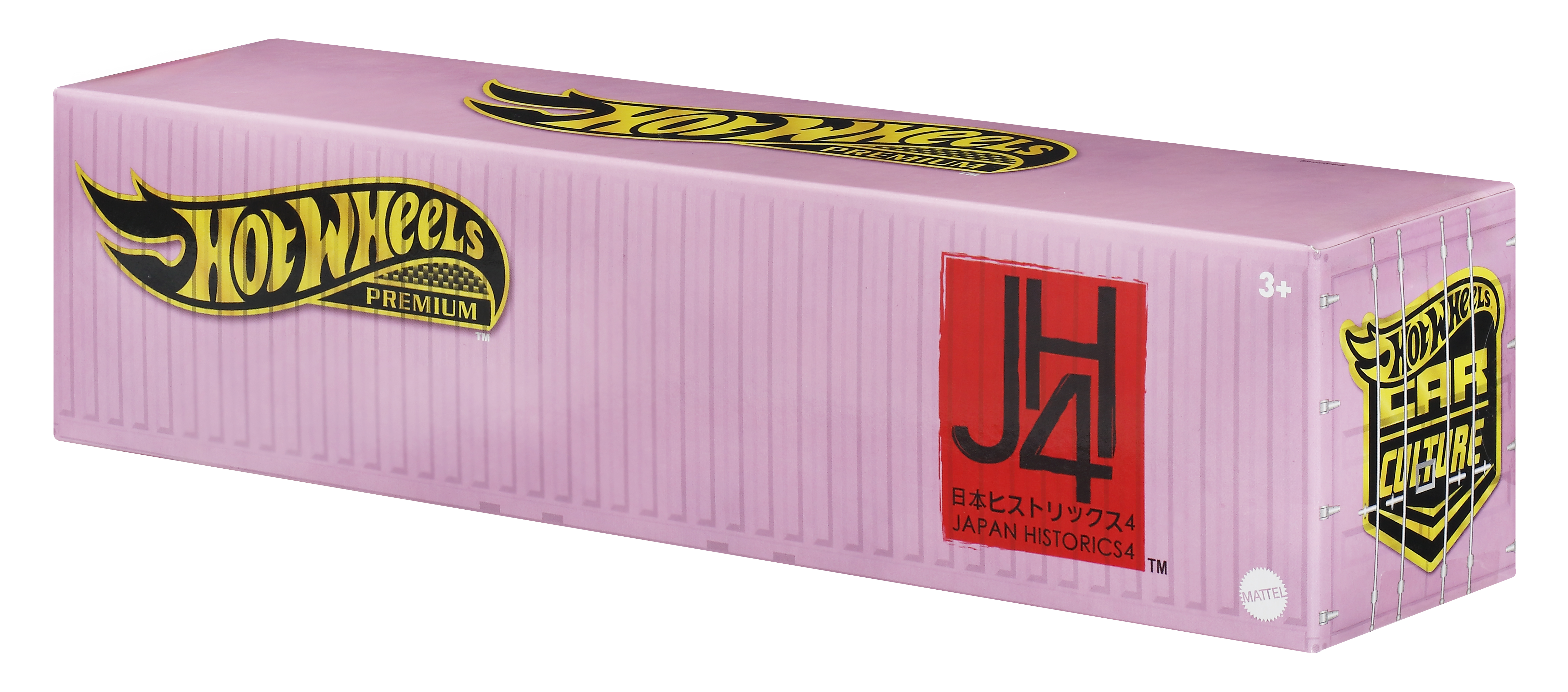 Różowe pudełko kontenera Hot Wheels. Zawiera logo i tekst, w tym 'Premium' i 'Car Culture'. Pudełko jest przeznaczone dla Japan Historics 4.