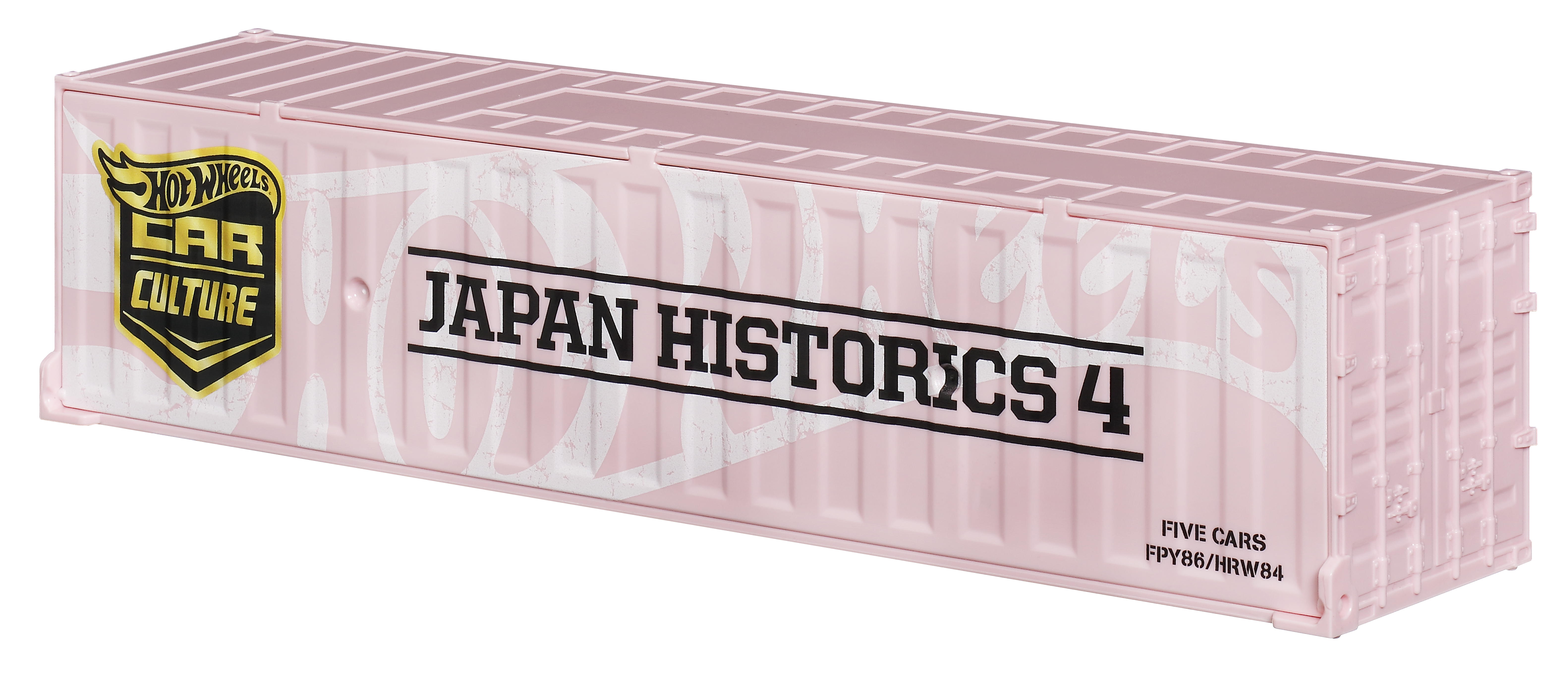 Różowa zabawka w kształcie kontenera z czarnym napisem 'JAPAN HISTORICS 4' i logo 'CAR CULTURE'.
