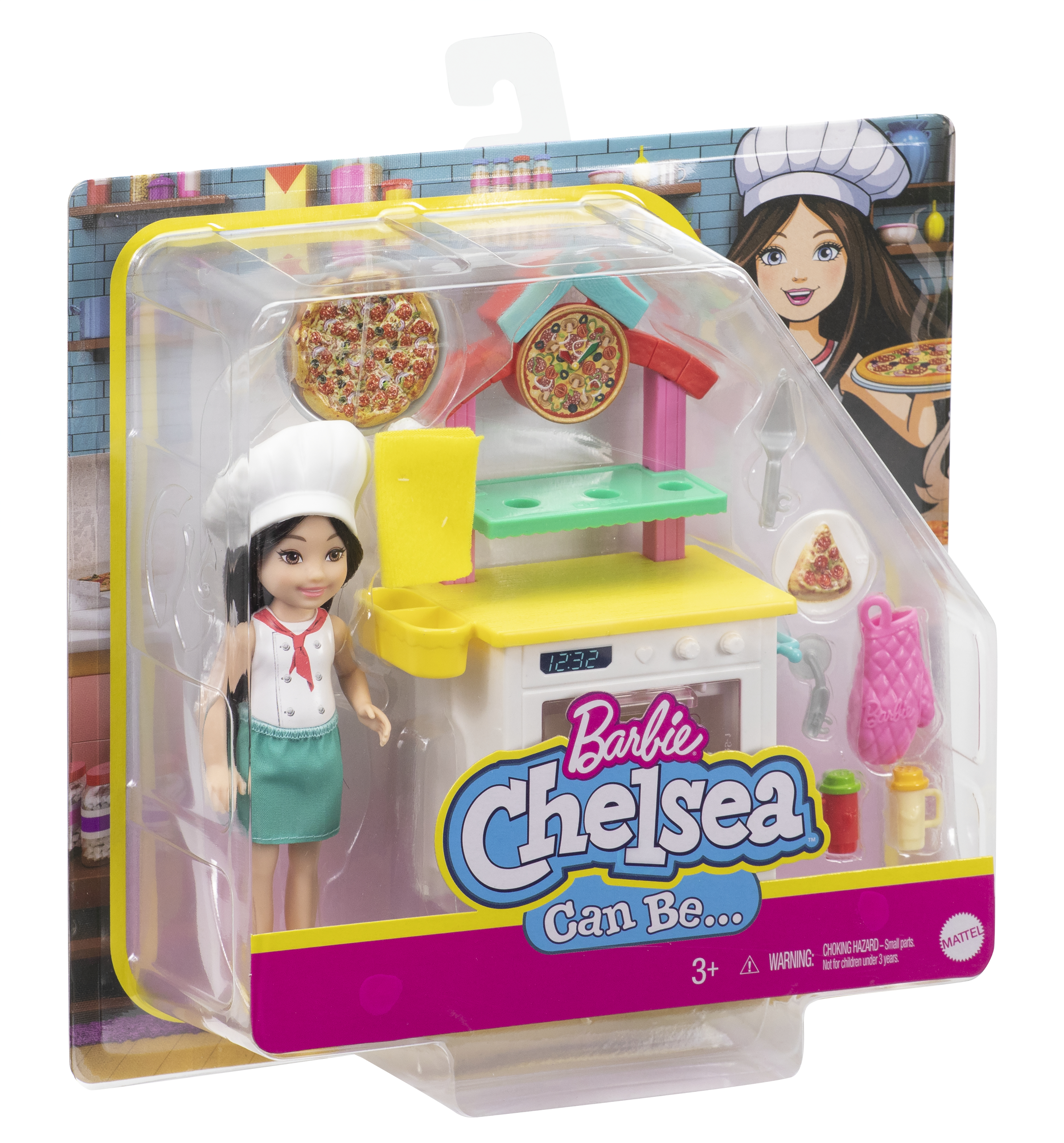 Zestaw kuchenny Barbie Chelsea. Zawiera lalkę w stroju szefa kuchni, zabawkę do pieca do pizzy i pizzę.