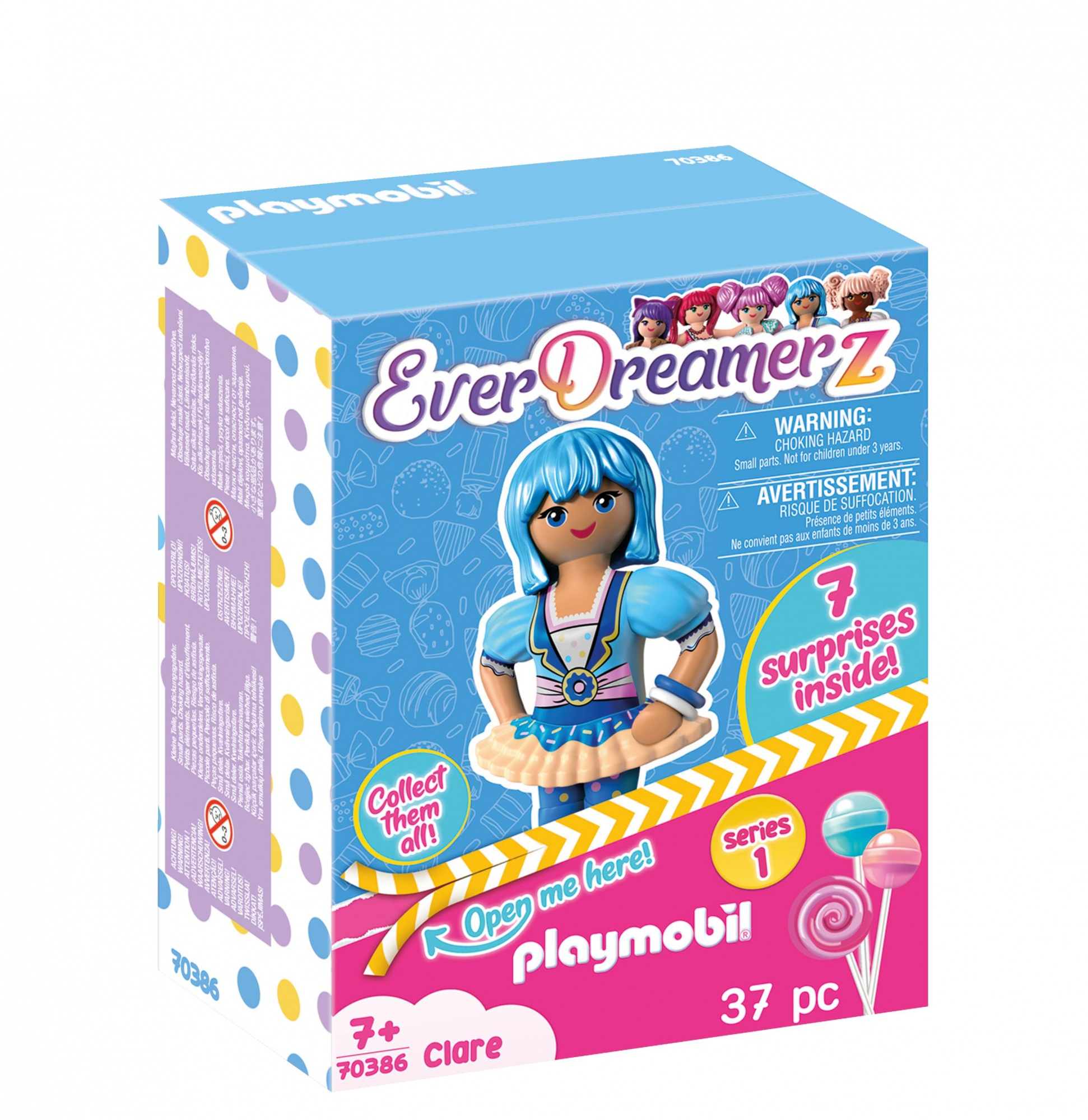 Scatola Playmobil EverDreamerz con bambola e lecca lecca. La scatola è blu, rosa e bianca.