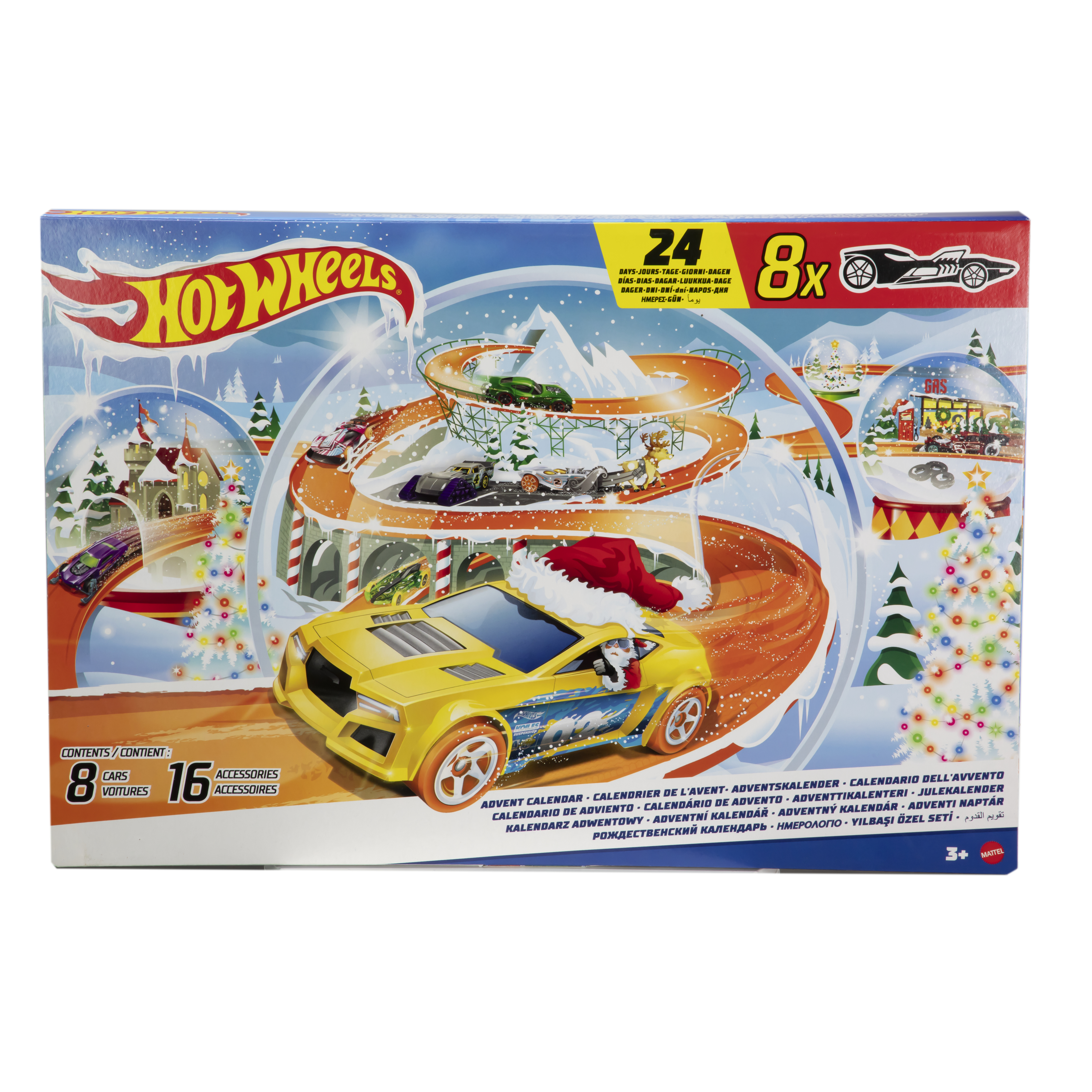 Caja de calendario de adviento Hot Wheels. Coche amarillo con Santa, pistas, globos de nieve y detalles del coche.