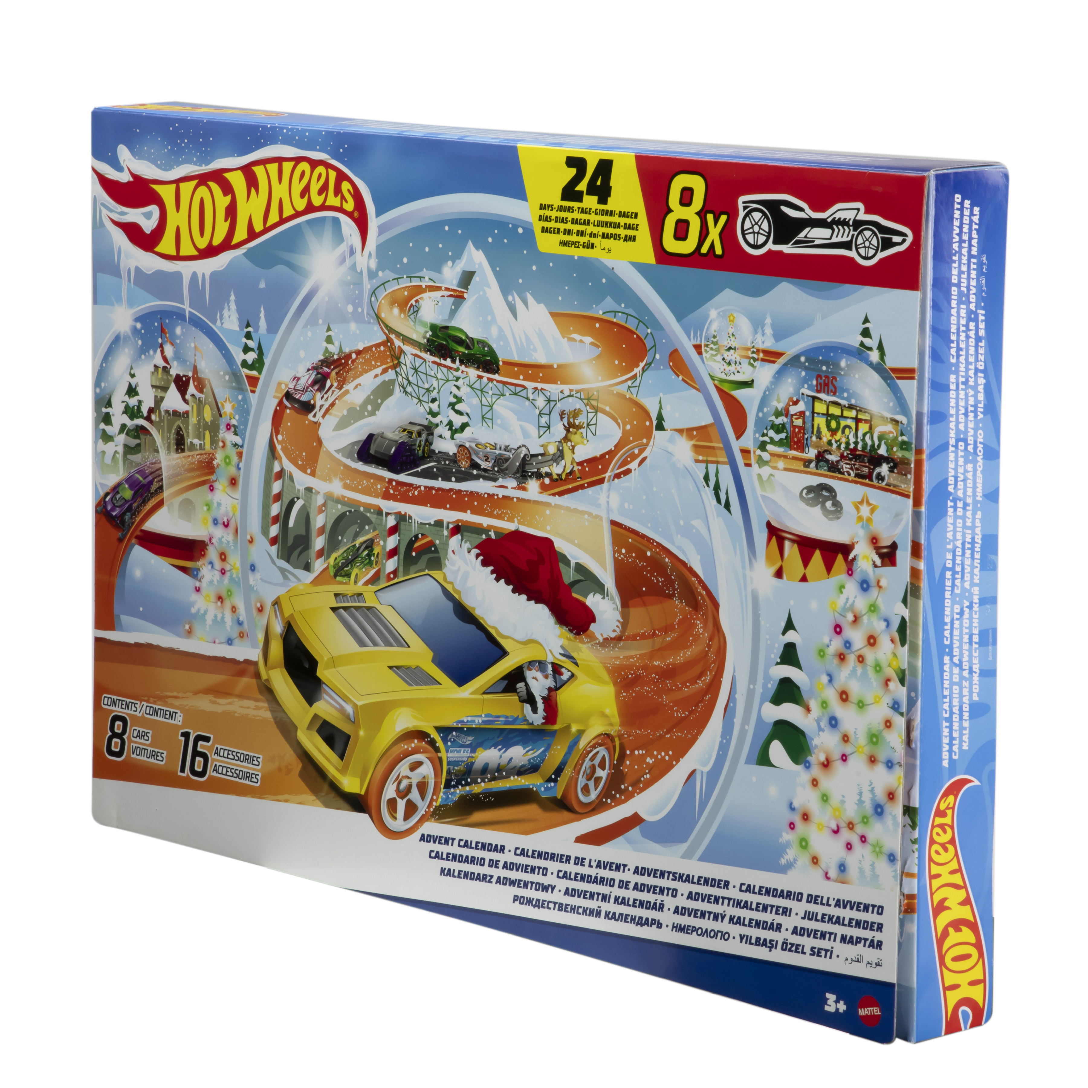 Una caja de calendario de adviento de Hot Wheels. Tiene imágenes de coches en pistas en una escena nevada.