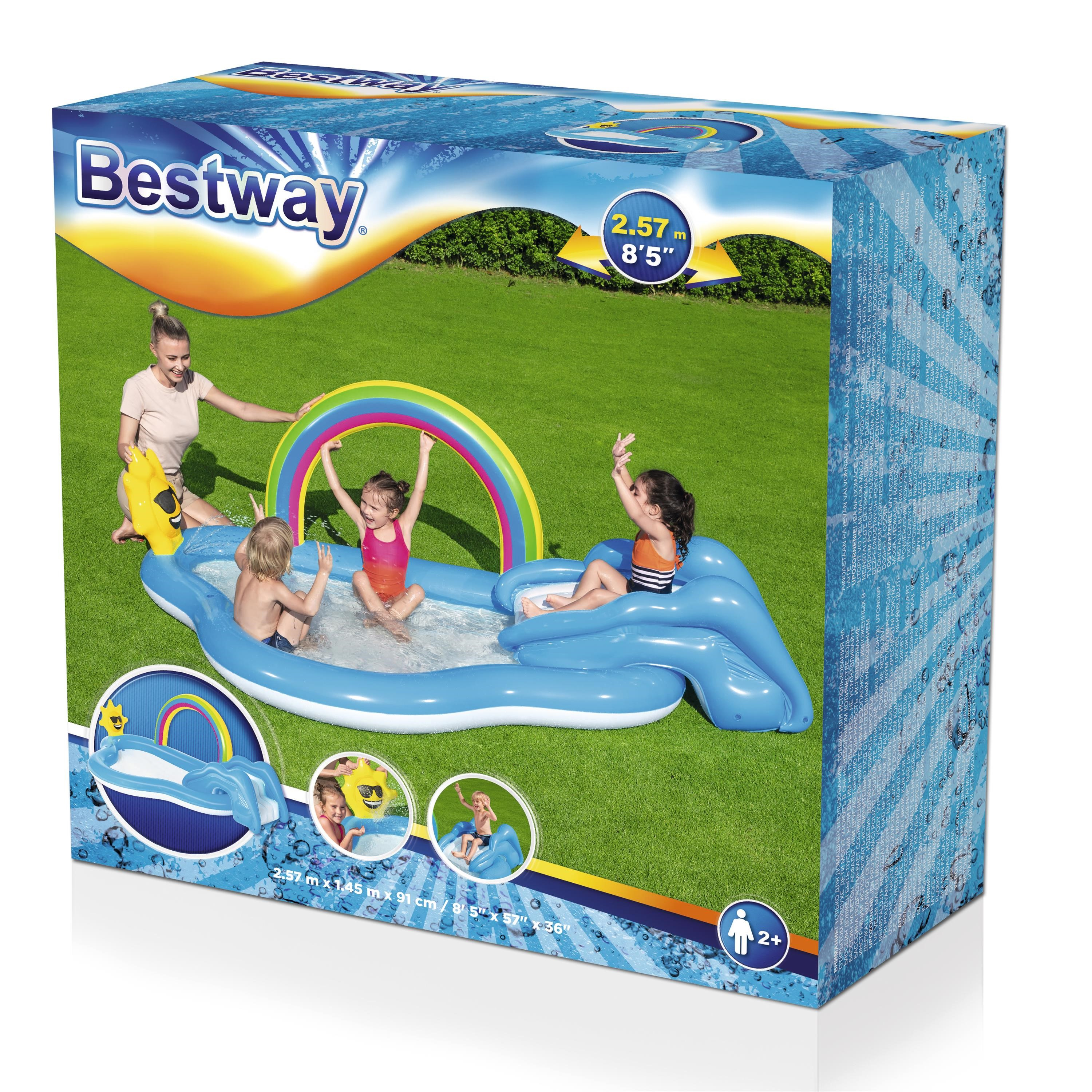 La caja muestra una piscina Bestway. Niños y una mujer jugando en la piscina sobre hierba.