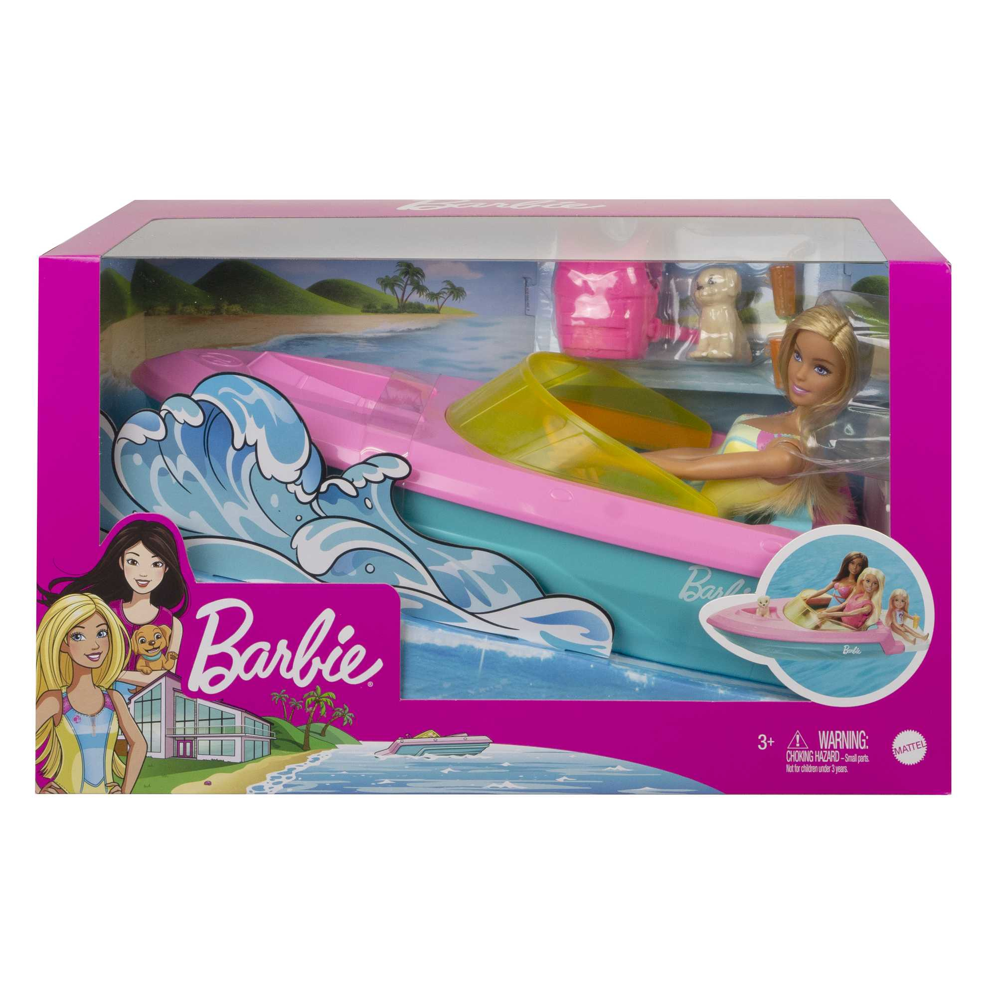Zestaw zabawek Barbie w różowym pudełku. Zawiera różowo-niebieską łódź, lalkę Barbie, psa i inne akcesoria.