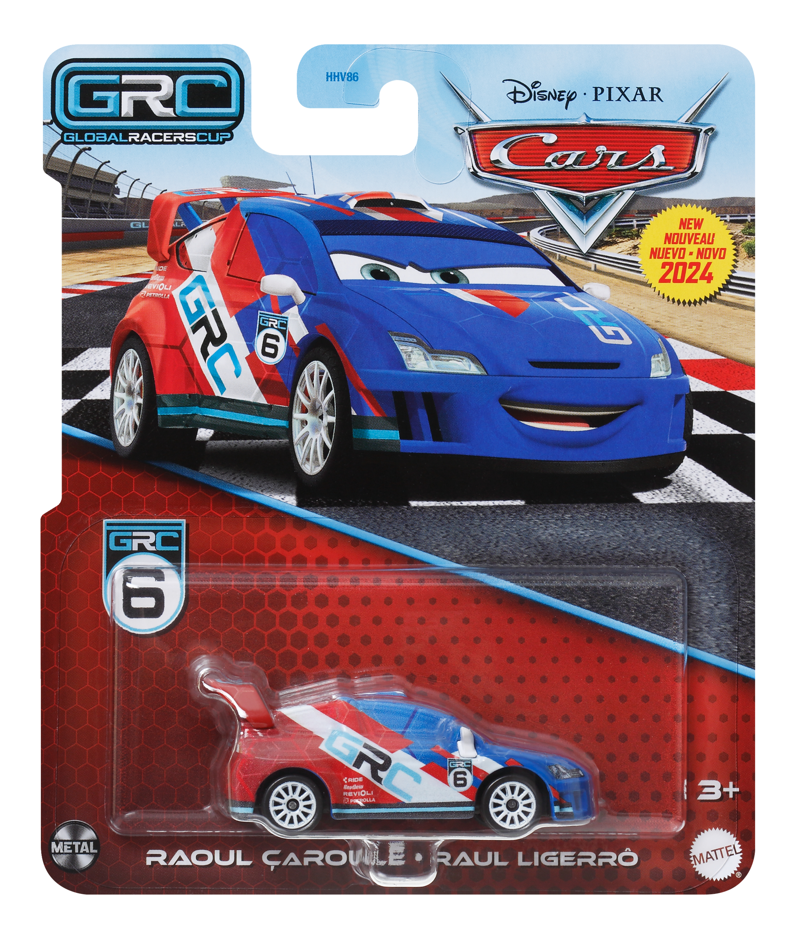 Spielzeugauto-Verpackung. Das Auto ist blau und rot, mit dem GRC-Logo. Hintergrund hat Strecke und Logo.