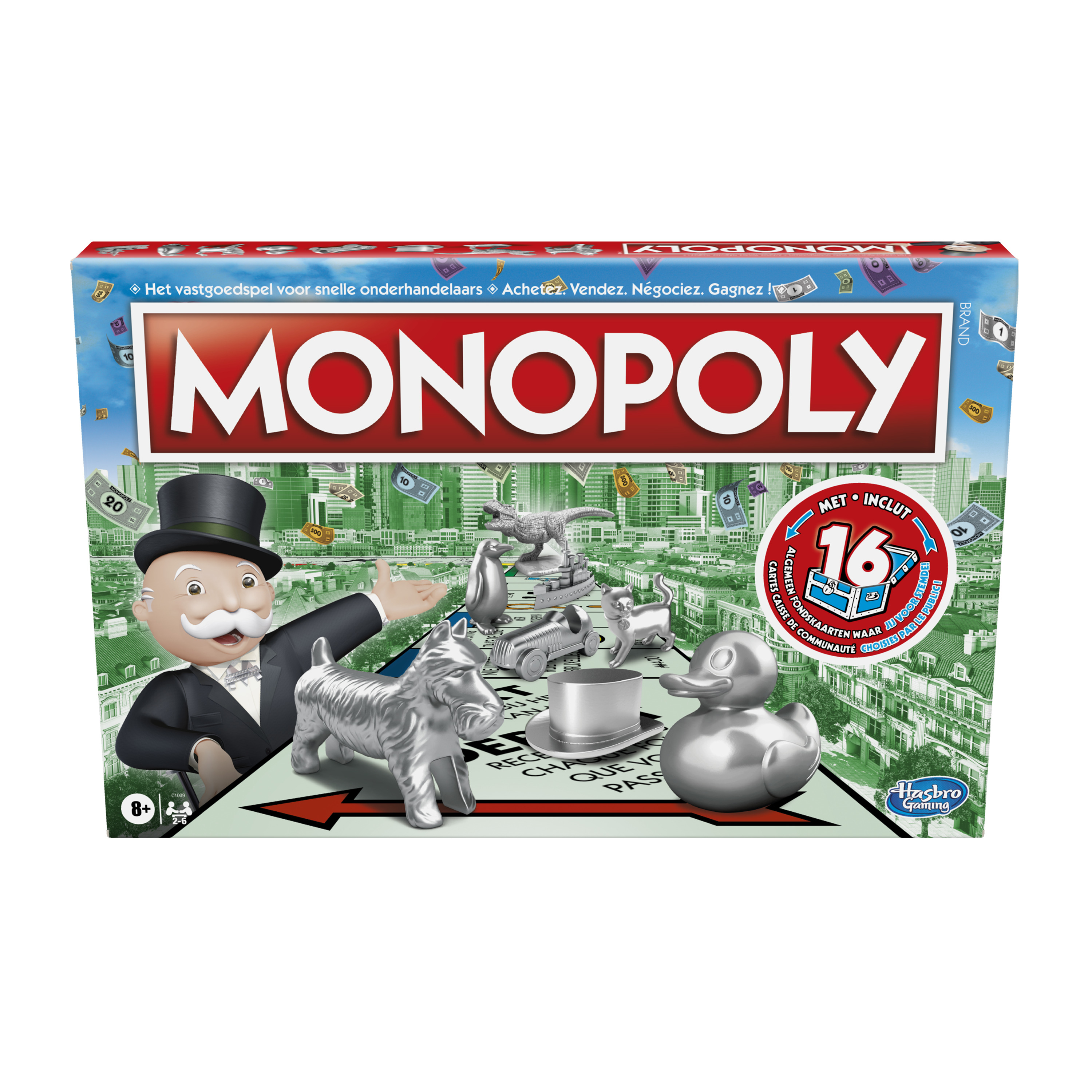 Pudełko gry planszowej Monopoly. Zawiera mężczyznę w kapeluszu, pionki i logo Monopoly.