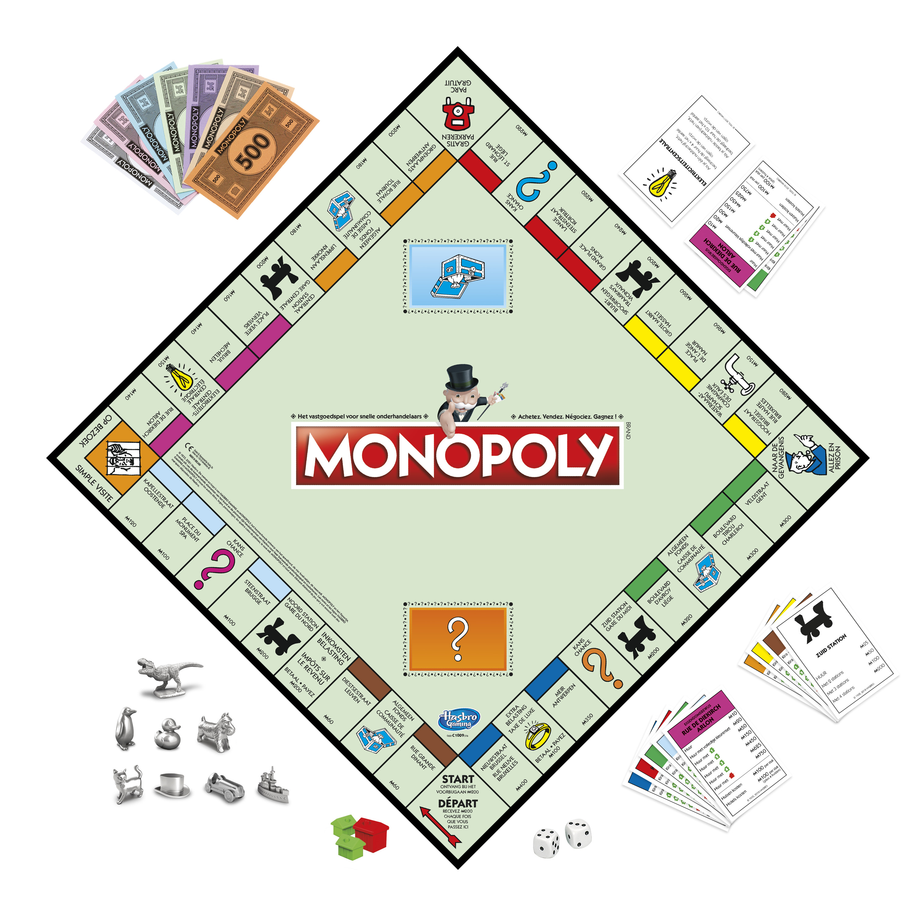 Gra planszowa Monopoly. Zawiera pieniądze, pionki, karty własności, kostki i domy.