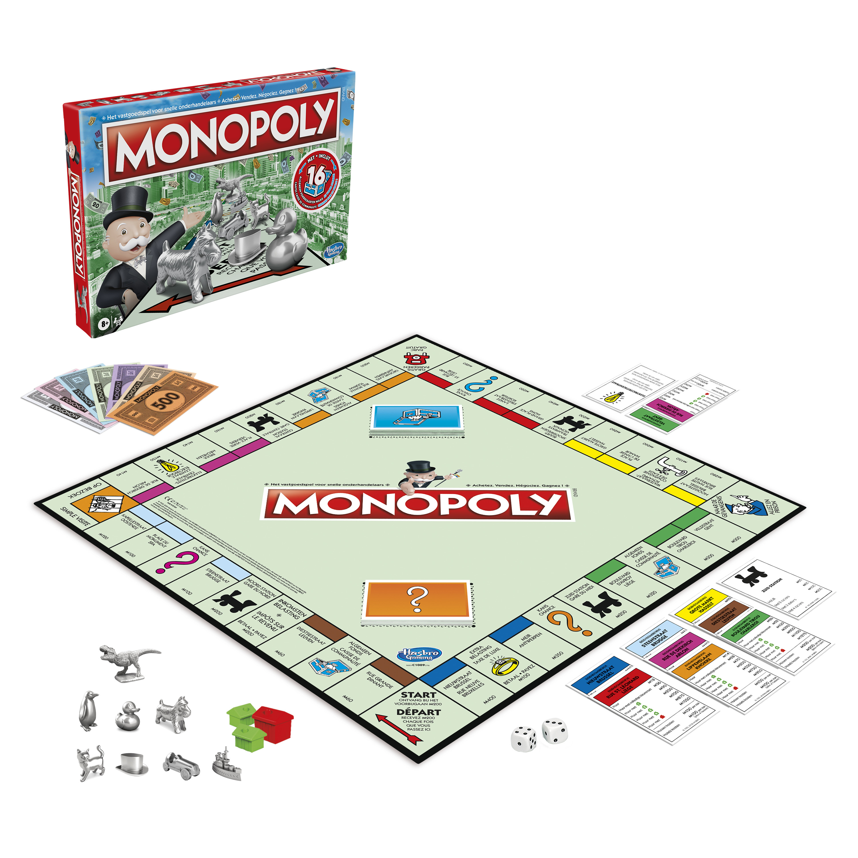 Gra planszowa Monopoly. Zawiera planszę, domy, żetony, pieniądze, kostki i karty.