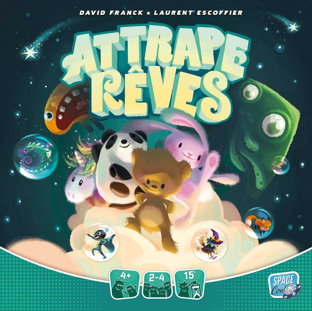 Artwork della scatola del gioco con animali dei cartoni animati, titolo 'Attrape Rêves', stelle e logo Space Cow. Include un panda, un orso, un coniglio e creature.