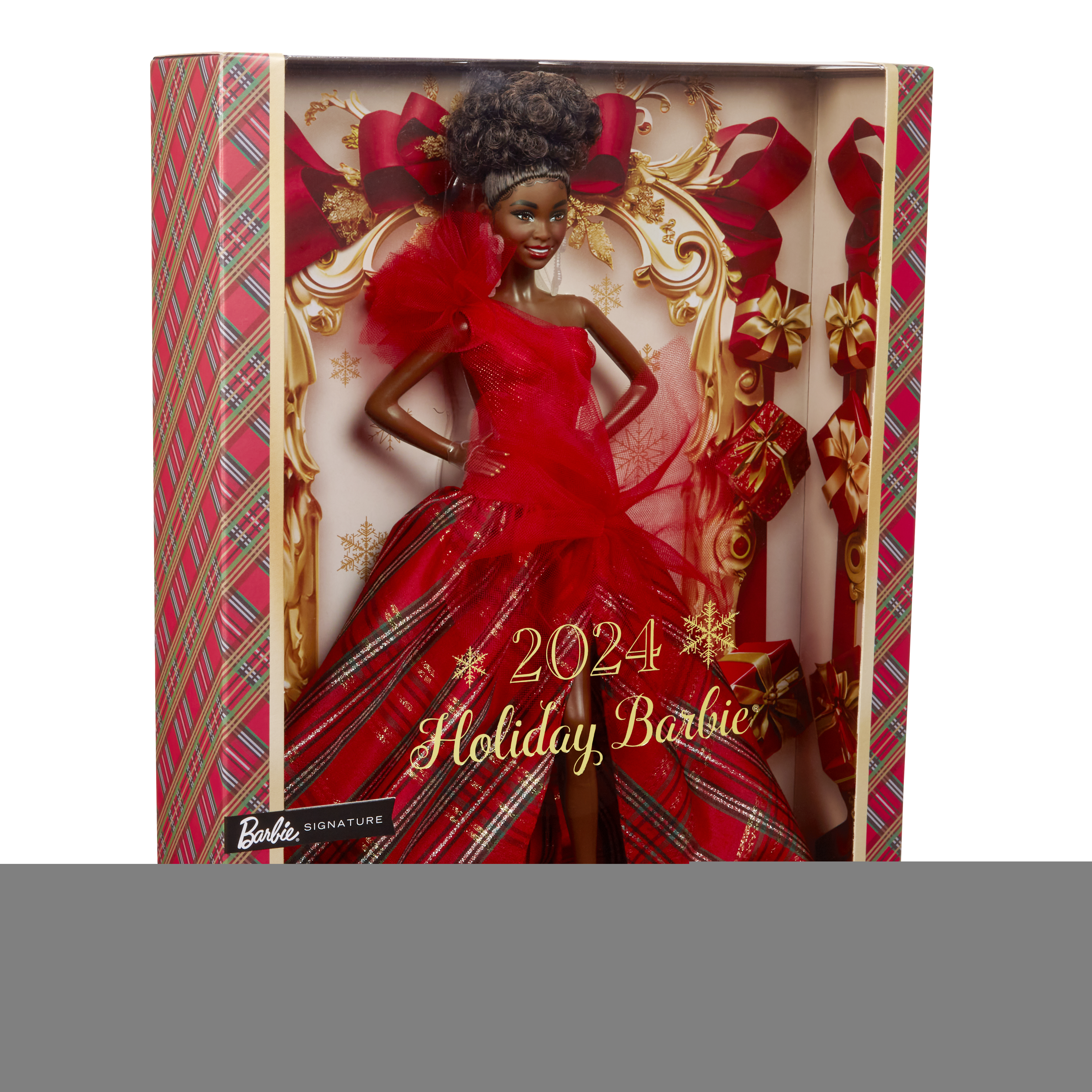 Lalka Barbie Holiday 2024 w czerwonej sukni w pudełku w kratę.