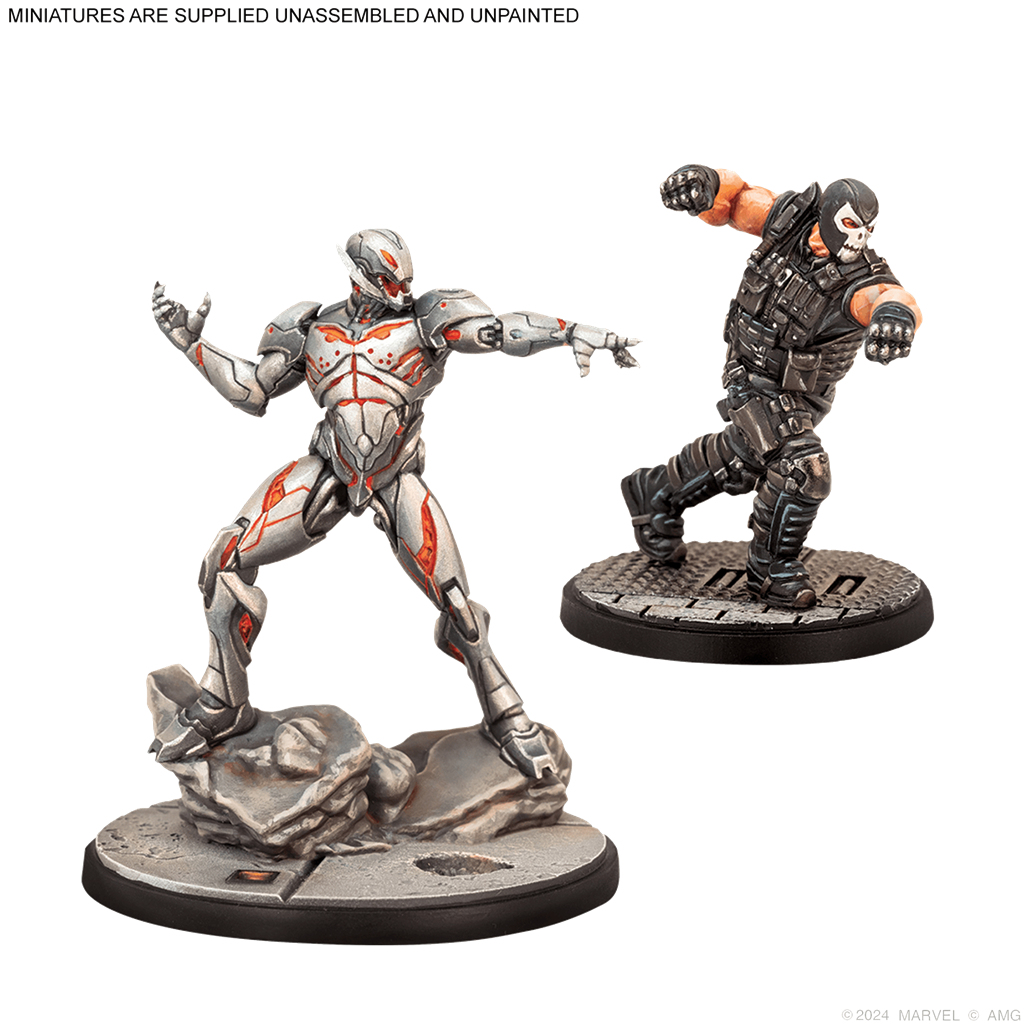 Dos figuras de superhéroes: Ultron, plateado y rojo, y Bane, negro y canela. Ambos están sobre bases circulares, posando dinámicamente.