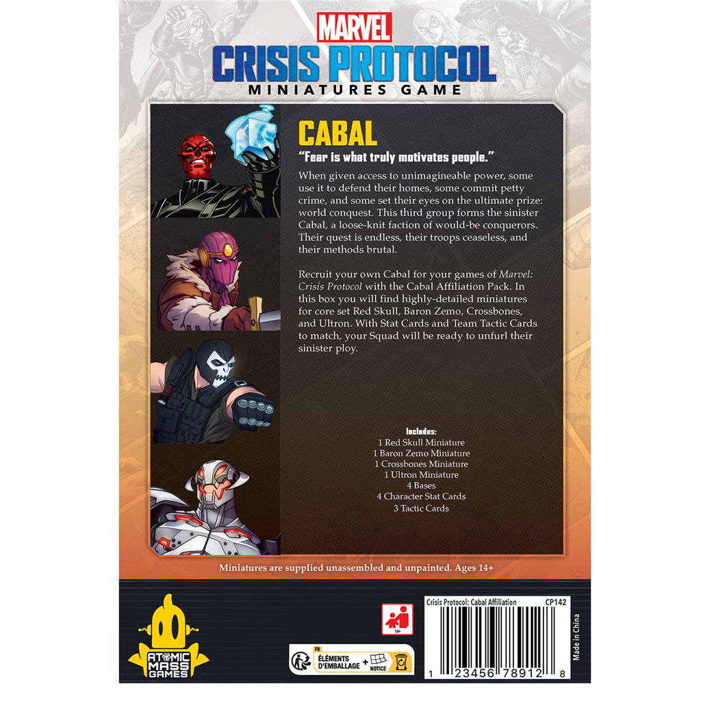 Arte de la caja de Marvel Crisis Protocol Cabal. Los personajes incluyen Red Skull, Baron Zemo, Crossbones y Ultron.