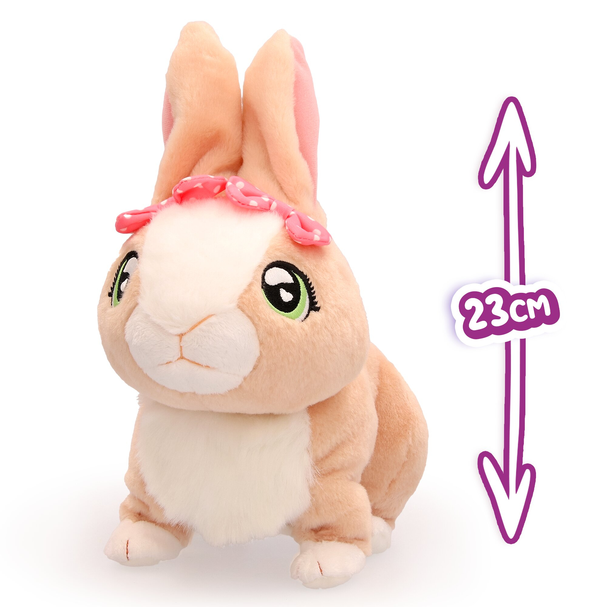 Pluszowy królik z różową kokardą, dużymi oczami i oznaczeniem rozmiaru 23 cm.