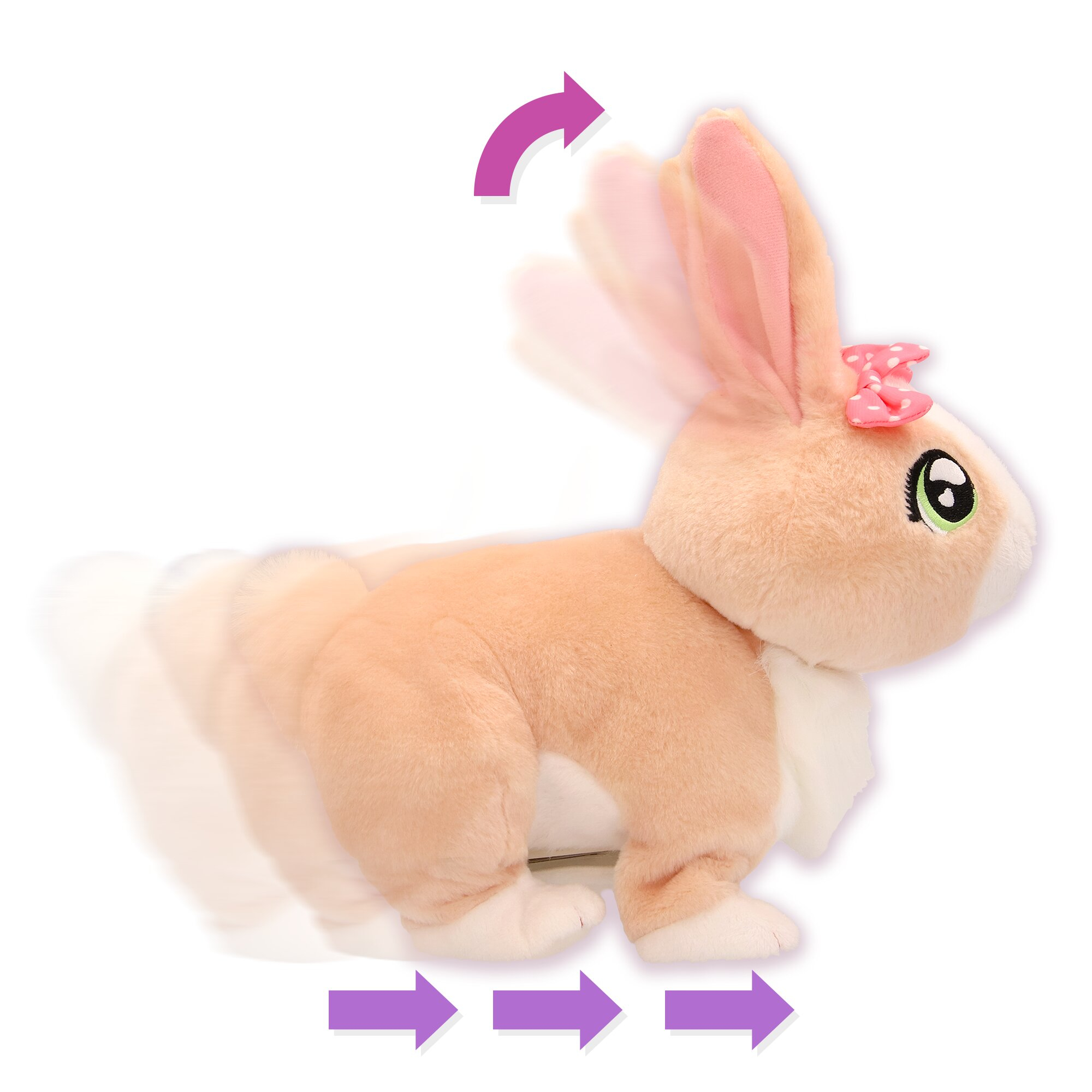 Pluszowy królik z różową kokardą, uszami i kropkowaną kokardą. Strzałki ruchu pokazują ruch. Jasnobrązowe futro i białe tło.