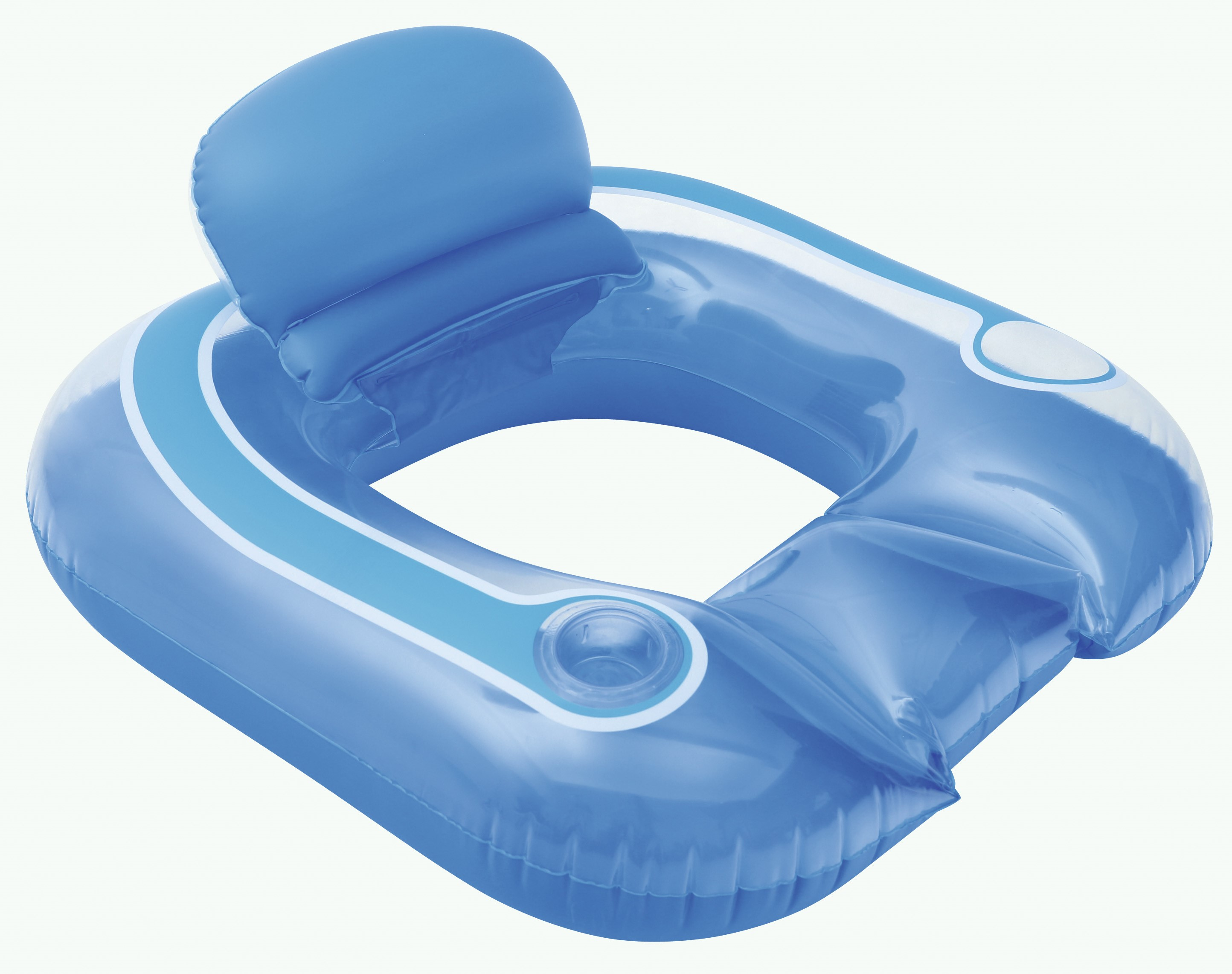 Un flotador de piscina inflable azul con respaldo y portavasos. Fondo blanco.