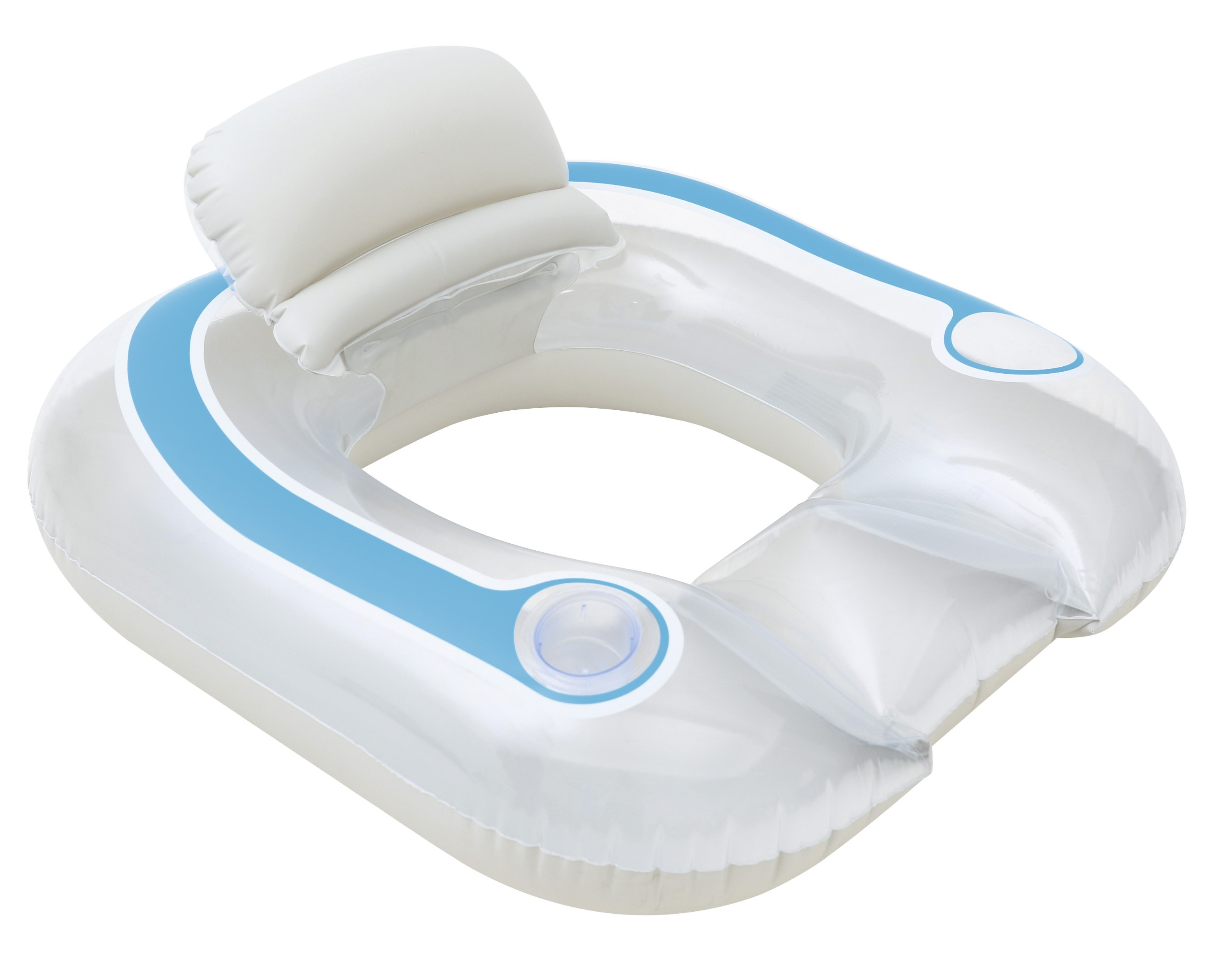 Un flotador inflable blanco y azul con reposacabezas y portavasos, aislado sobre blanco.