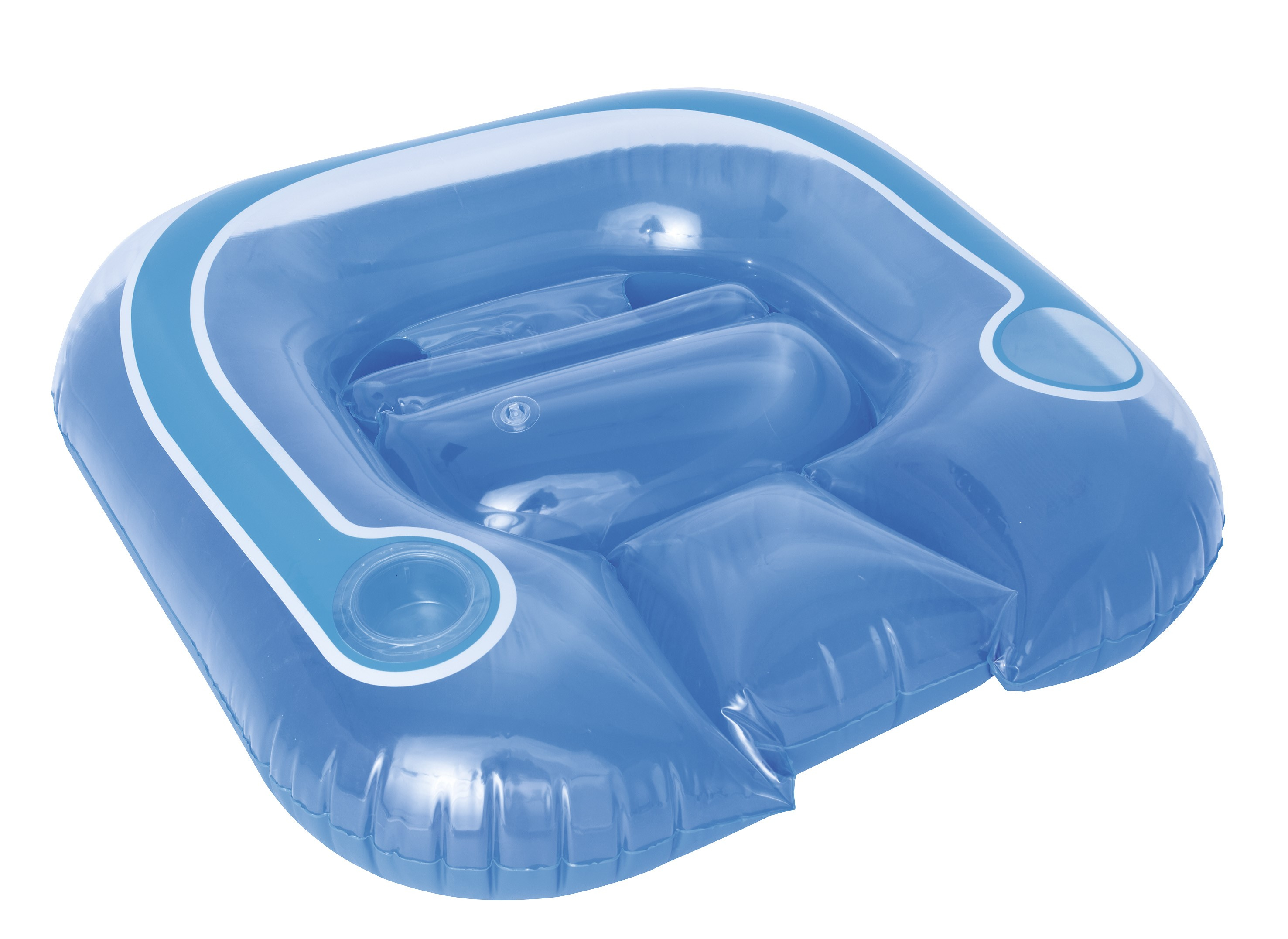 Flotador inflable azul con portavasos y detalles de rayas blancas sobre fondo blanco.
