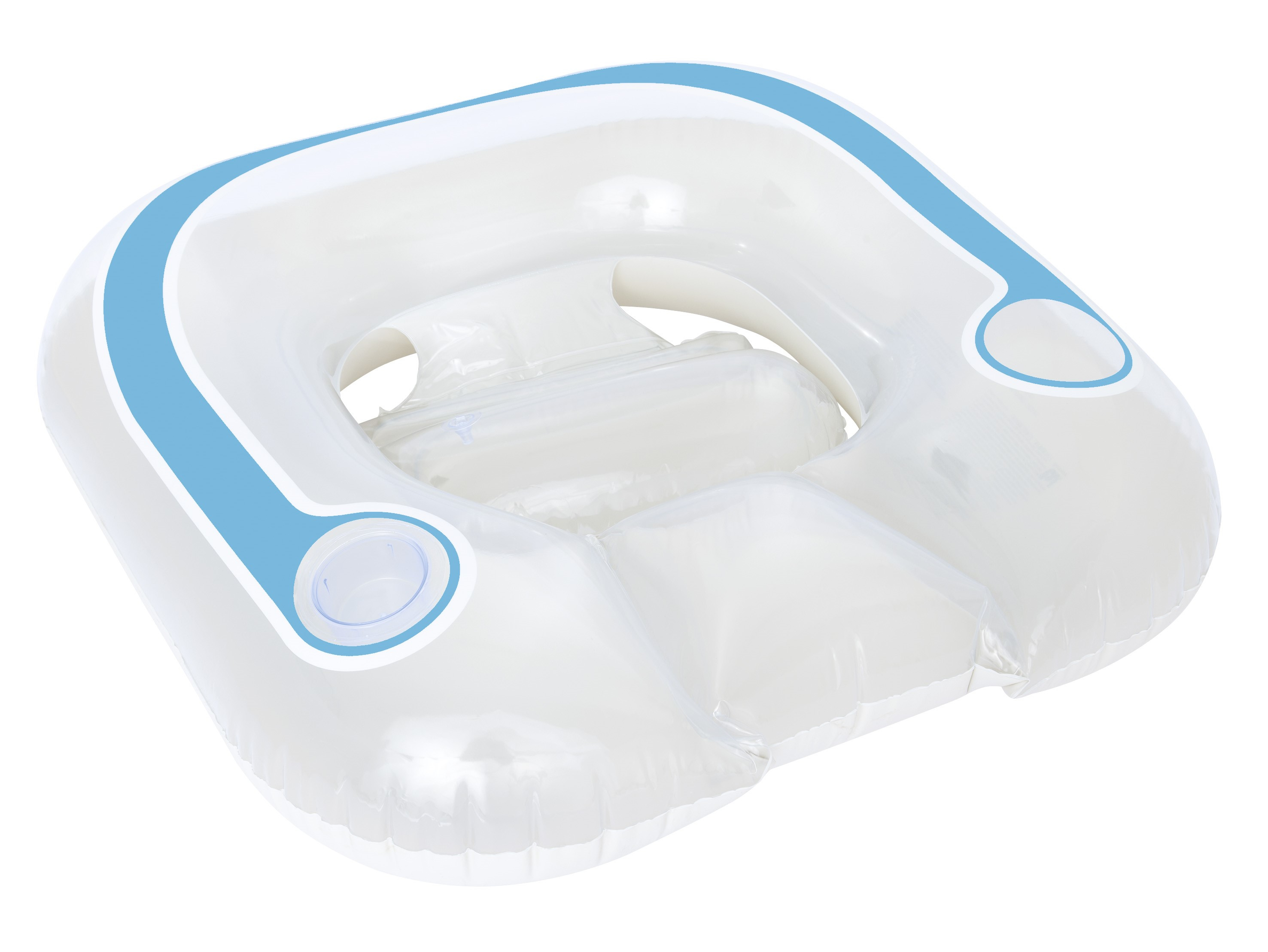 Un flotador inflable blanco y azul para piscina. Tiene forma redondeada con un agujero en el centro y dos portavasos.