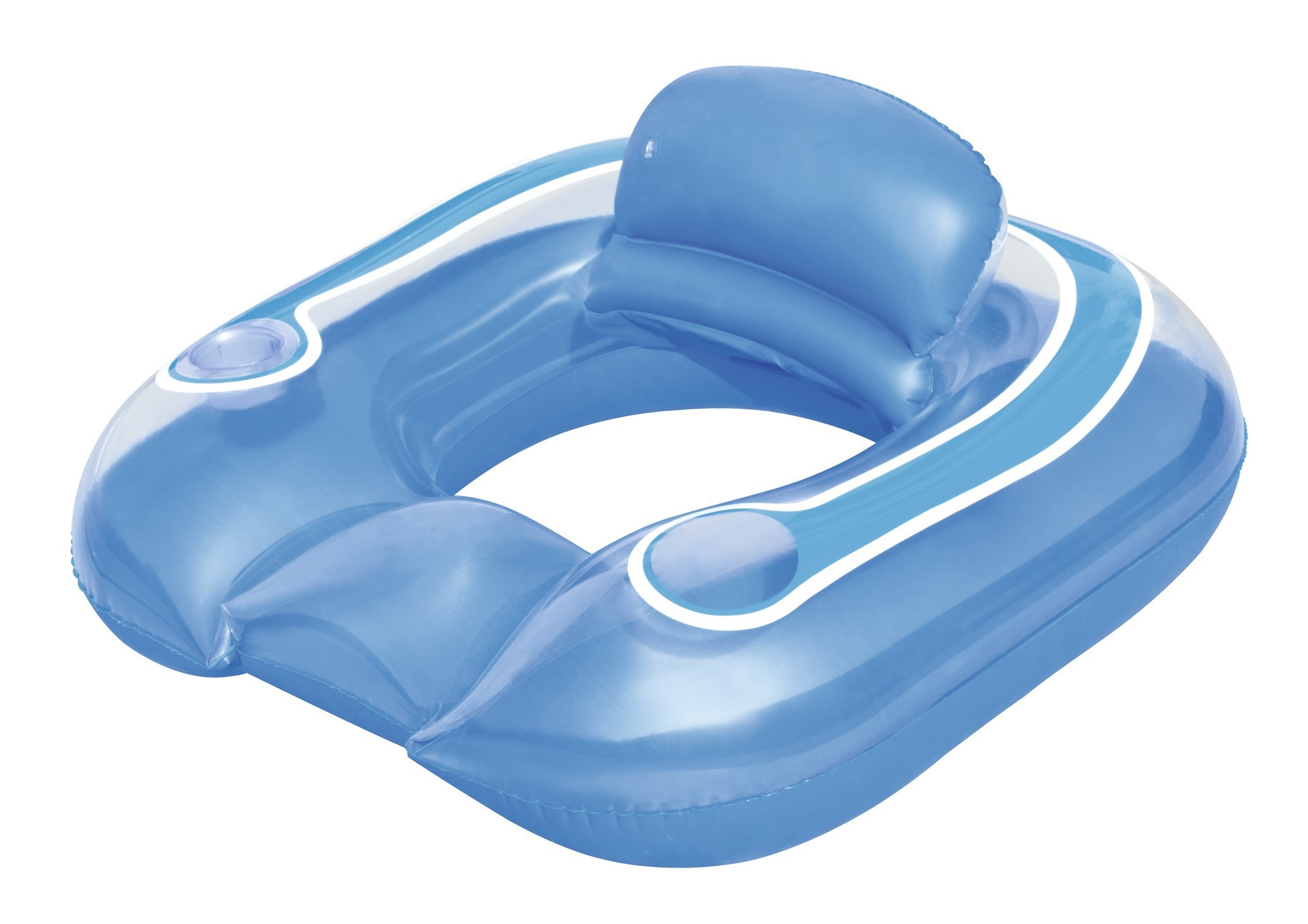 Un bote inflable azul con respaldo y rayas blancas, aislado sobre fondo blanco.