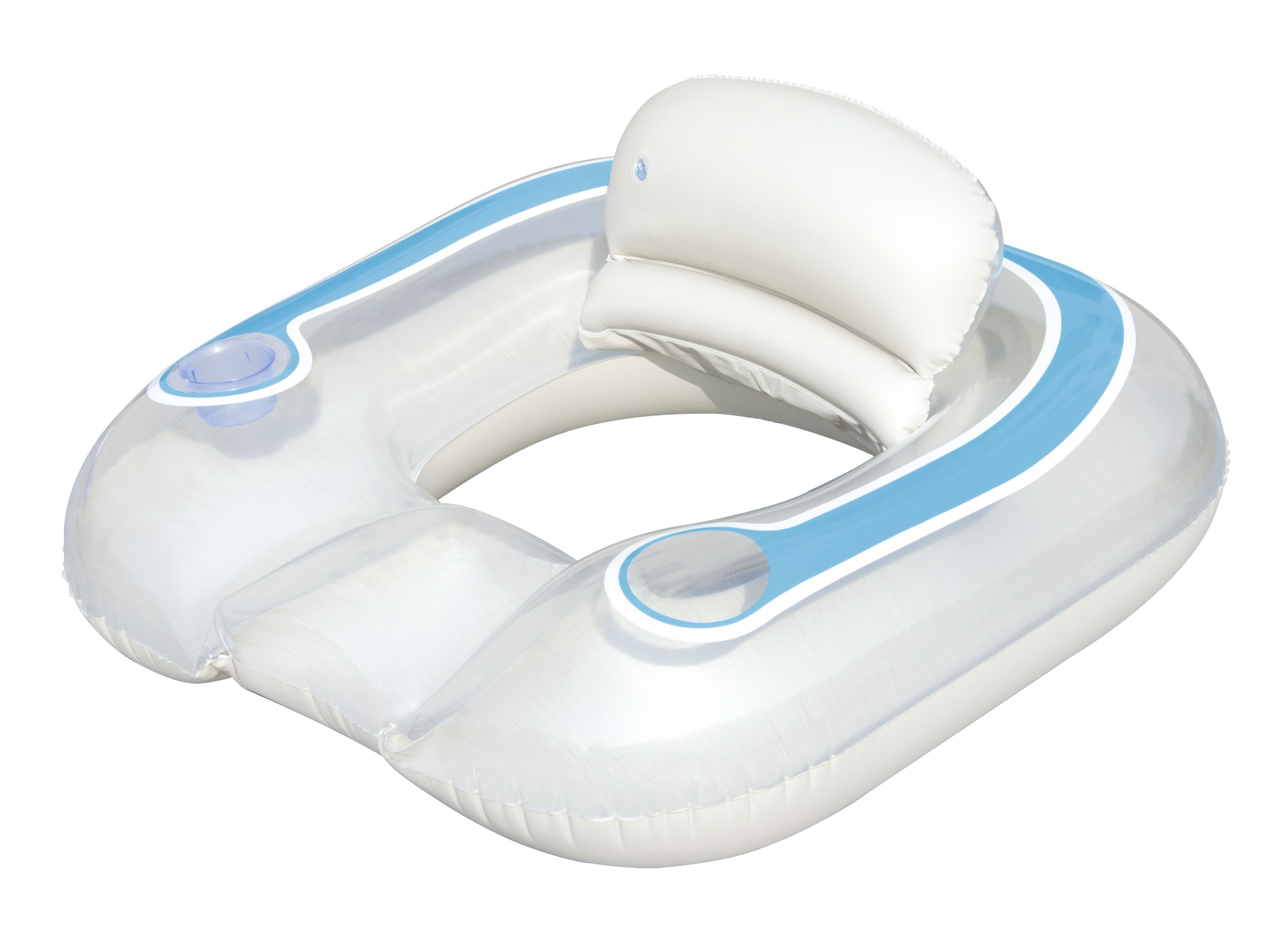 Un flotador inflable blanco y azul con respaldo y portavasos, aislado sobre fondo blanco.