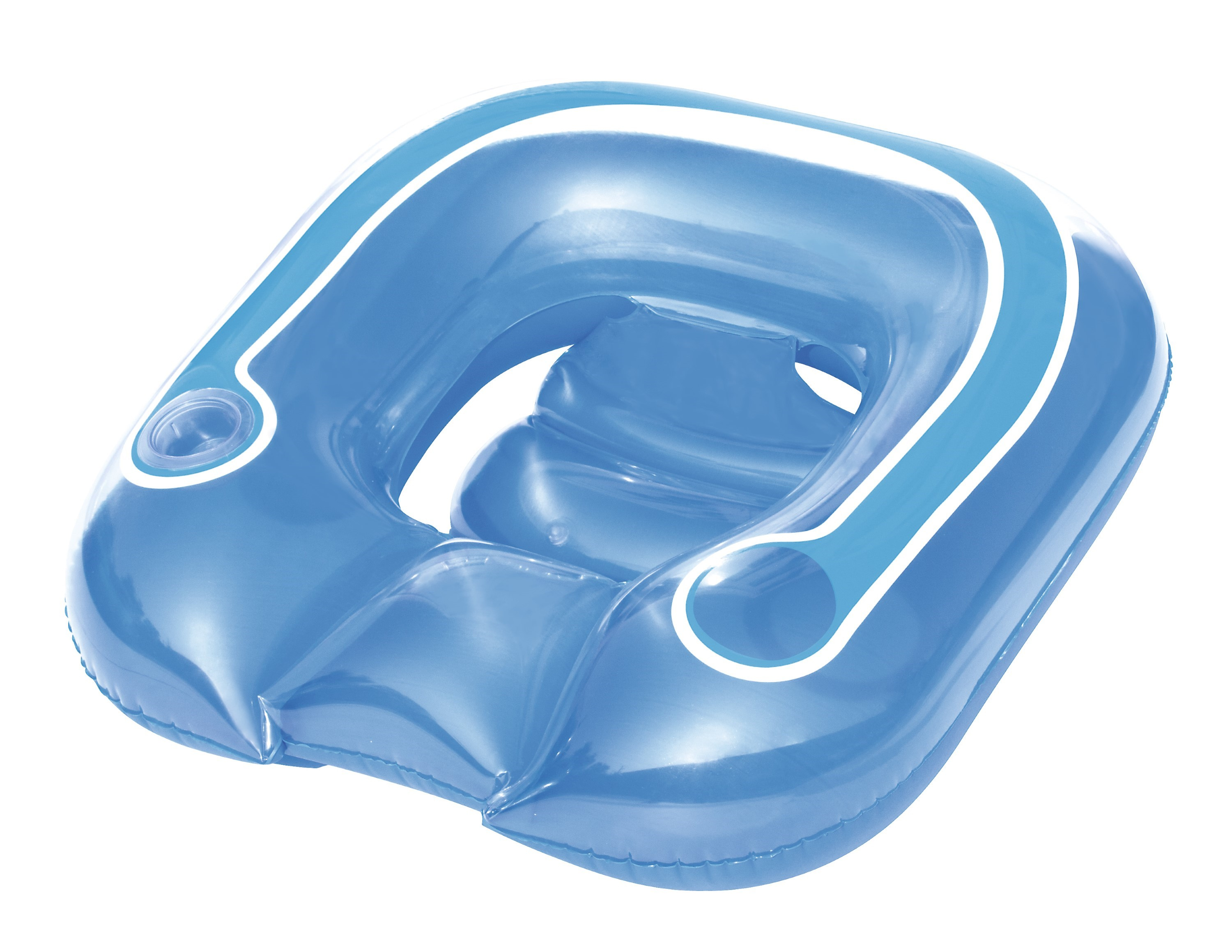 Un flotador inflable azul. Tiene rayas blancas y una abertura circular en el centro.