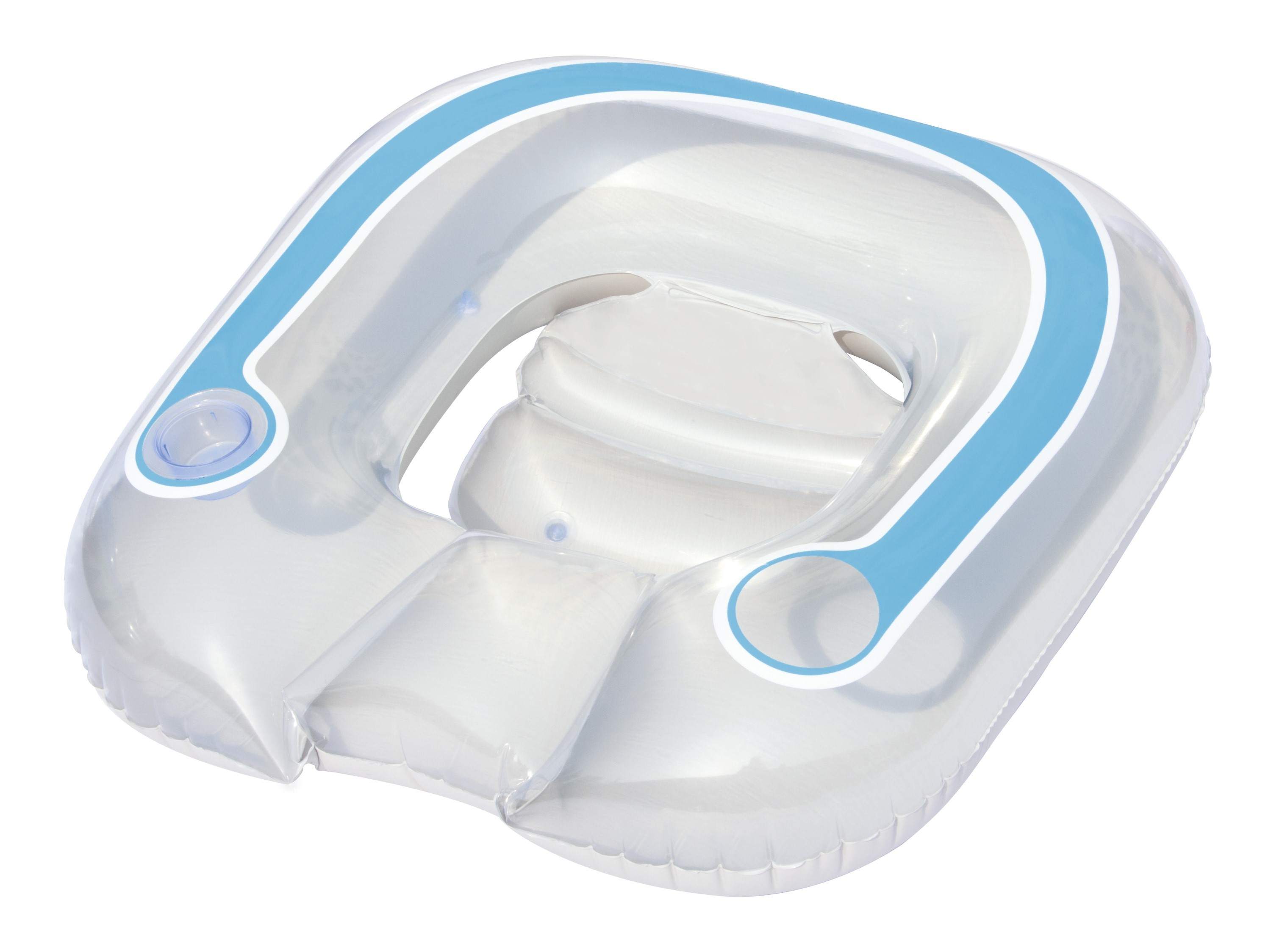 Flotador de piscina inflable blanco con rayas azules y portavasos.