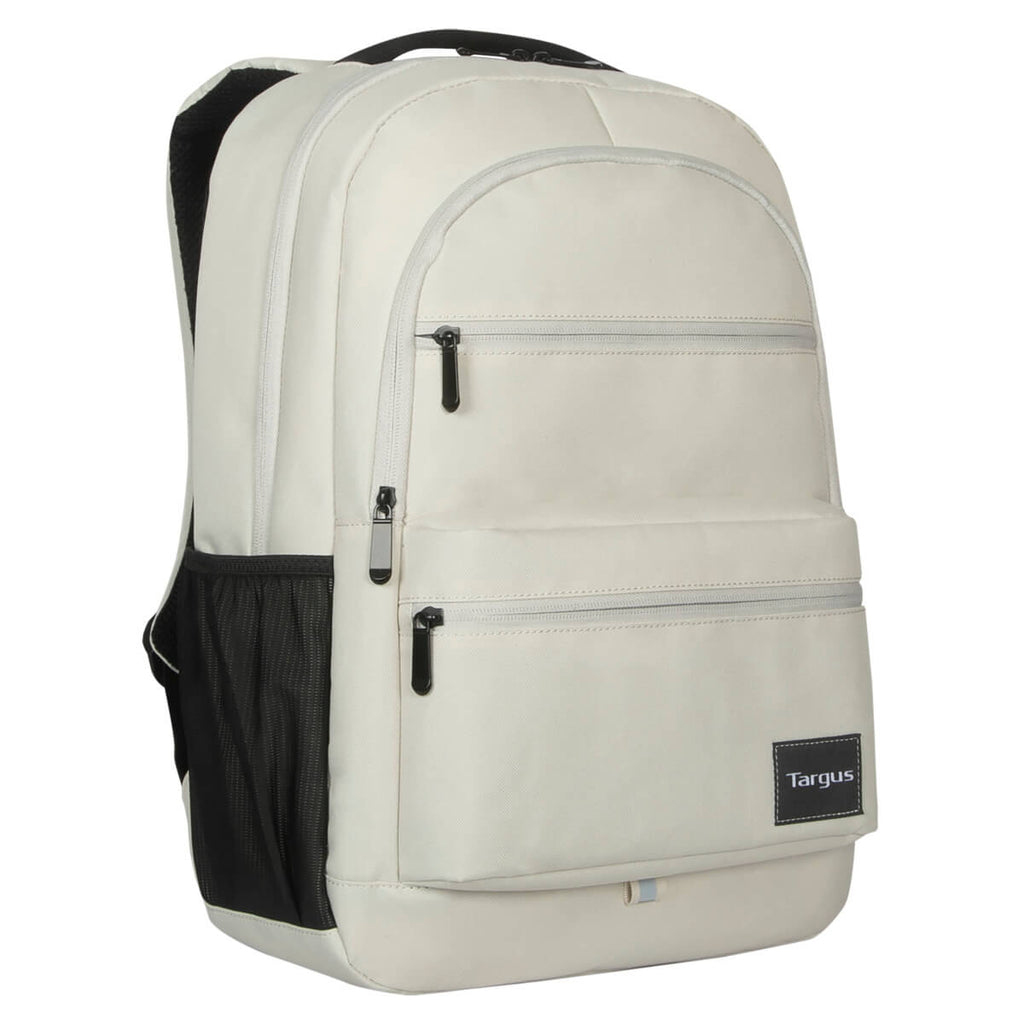 Ein cremefarbener Targus-Rucksack mit mehreren Reißverschlussfächern. Er hat eine schwarze Seitentasche aus Mesh und einen schwarzen Griff oben.