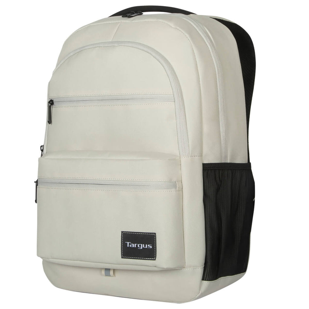 Ein cremefarbener Targus-Rucksack mit schwarzen Akzenten. Er hat mehrere Fächer, Reißverschlüsse und eine schwarze Netztasche.