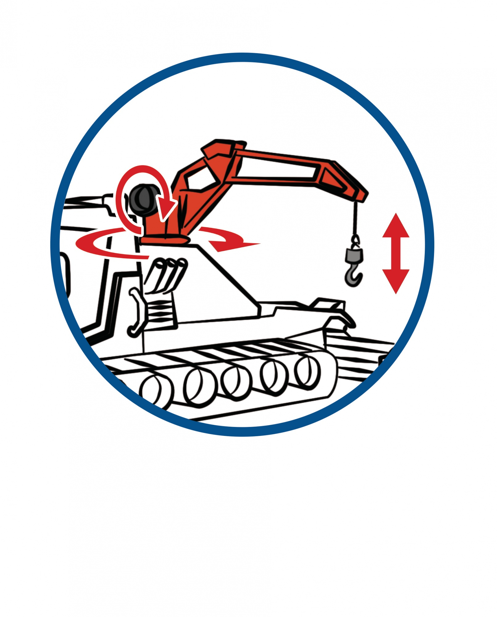 Ilustracja dźwigu ze strzałkami ruchu obrotowego i pionowego wewnątrz niebieskiego okręgu.